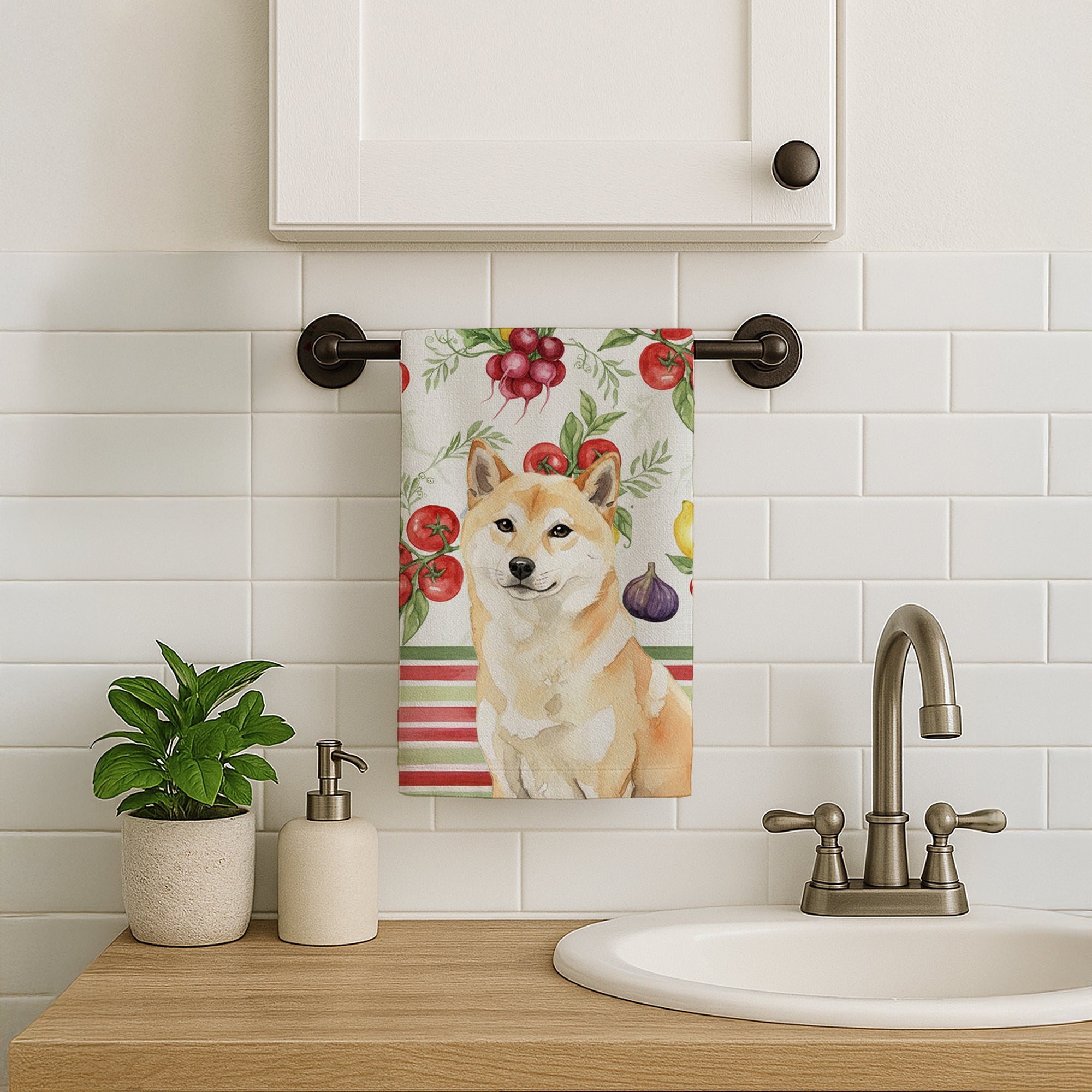 Cream Shiba Inu Vegetables Kitchen Towel Velour Plush Front and Cotton Loop Back Machine Washable