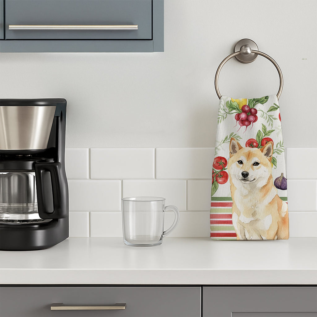 Cream Shiba Inu Vegetables Kitchen Towel Velour Plush Front and Cotton Loop Back Machine Washable