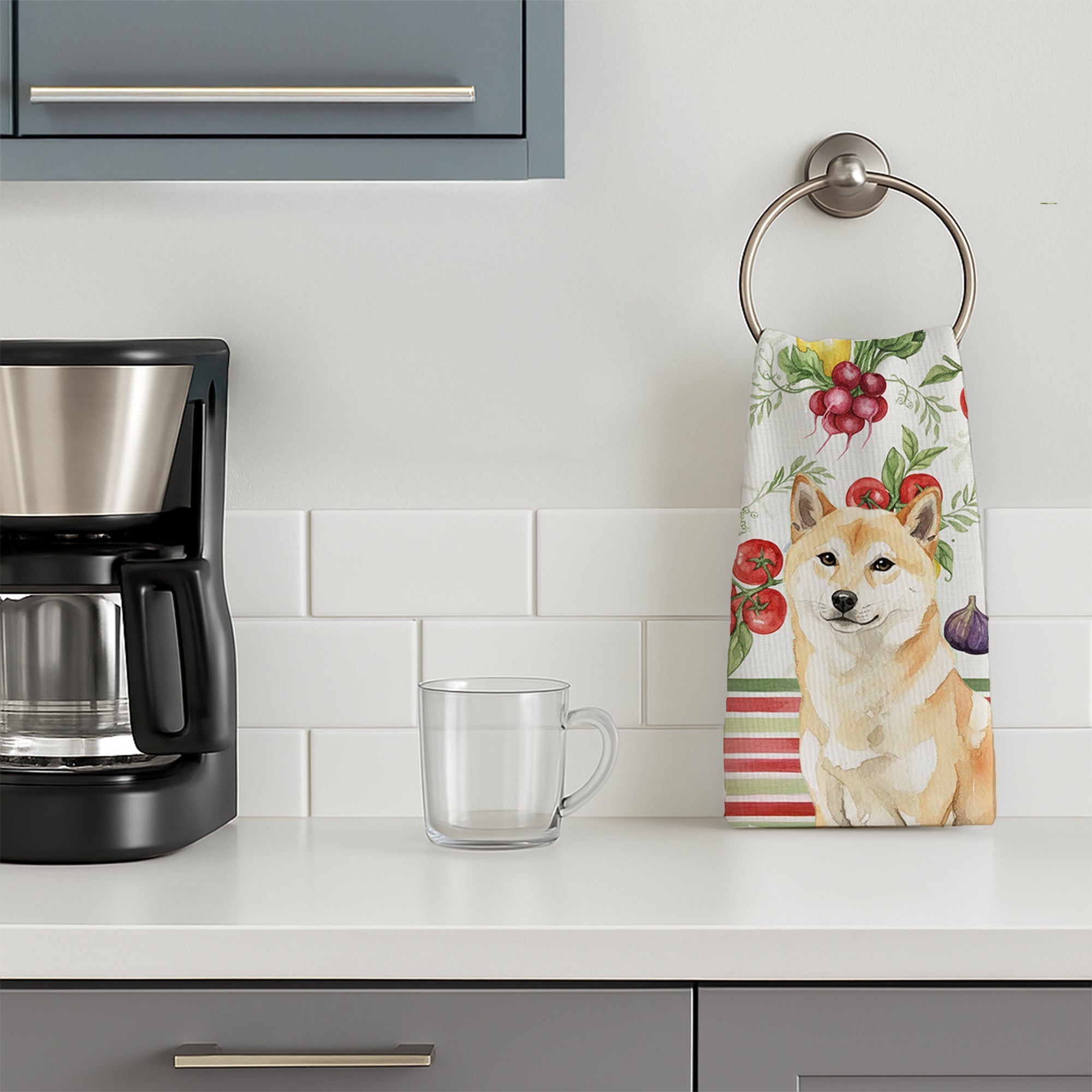 Cream Shiba Inu Vegetables Kitchen Towel Velour Plush Front and Cotton Loop Back Machine Washable