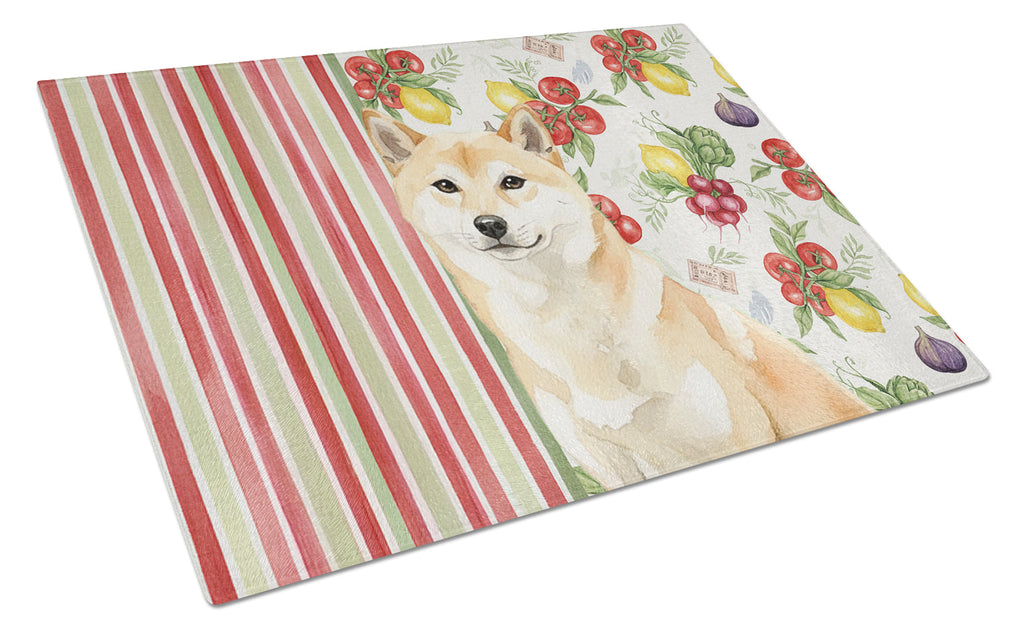 Cream Shiba Inu Vegetables Cutting Board Tempered Glass Kitchen Cutting Surface, Heat Resistant Chopping, Non-Slip Feet, Food Prep & Serving