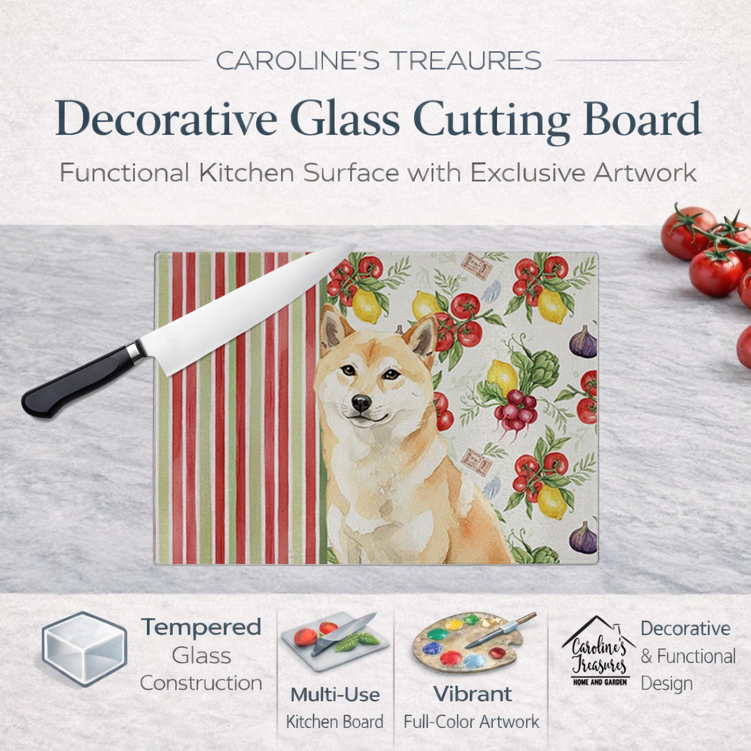 Cream Shiba Inu Vegetables Cutting Board Tempered Glass Kitchen Cutting Surface, Heat Resistant Chopping, Non-Slip Feet, Food Prep & Serving