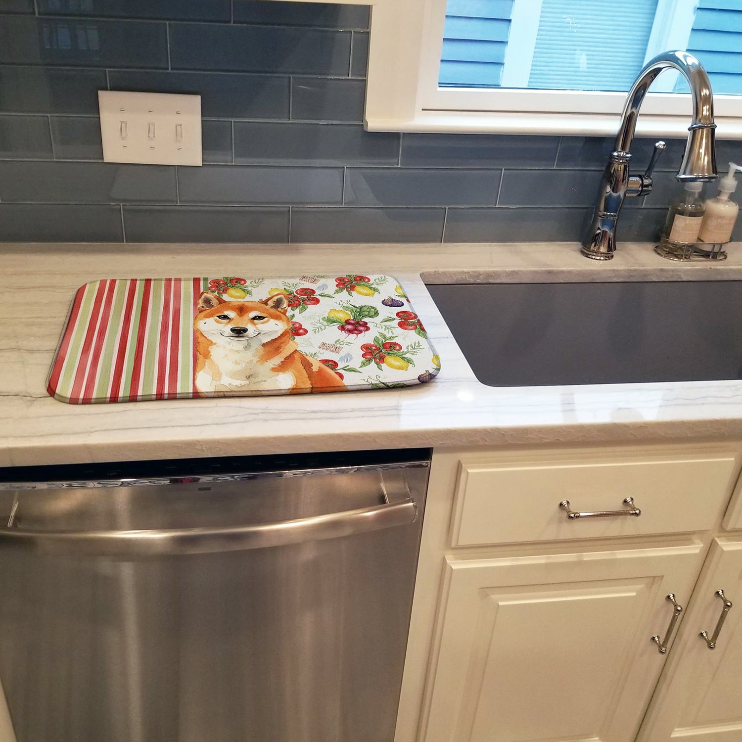 Red Shiba Inu Vegetables Dish Drying Mat Absorbent Dish Drying Mat Pad for Kitchen Counter Dish Drainer Mat for Countertop, 14 x 21", Multicolor