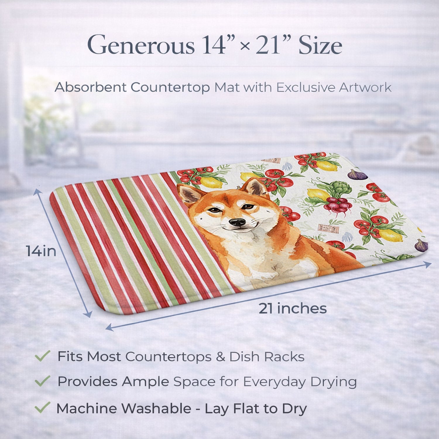 Red Shiba Inu Vegetables Dish Drying Mat Absorbent Dish Drying Mat Pad for Kitchen Counter Dish Drainer Mat for Countertop, 14 x 21", Multicolor