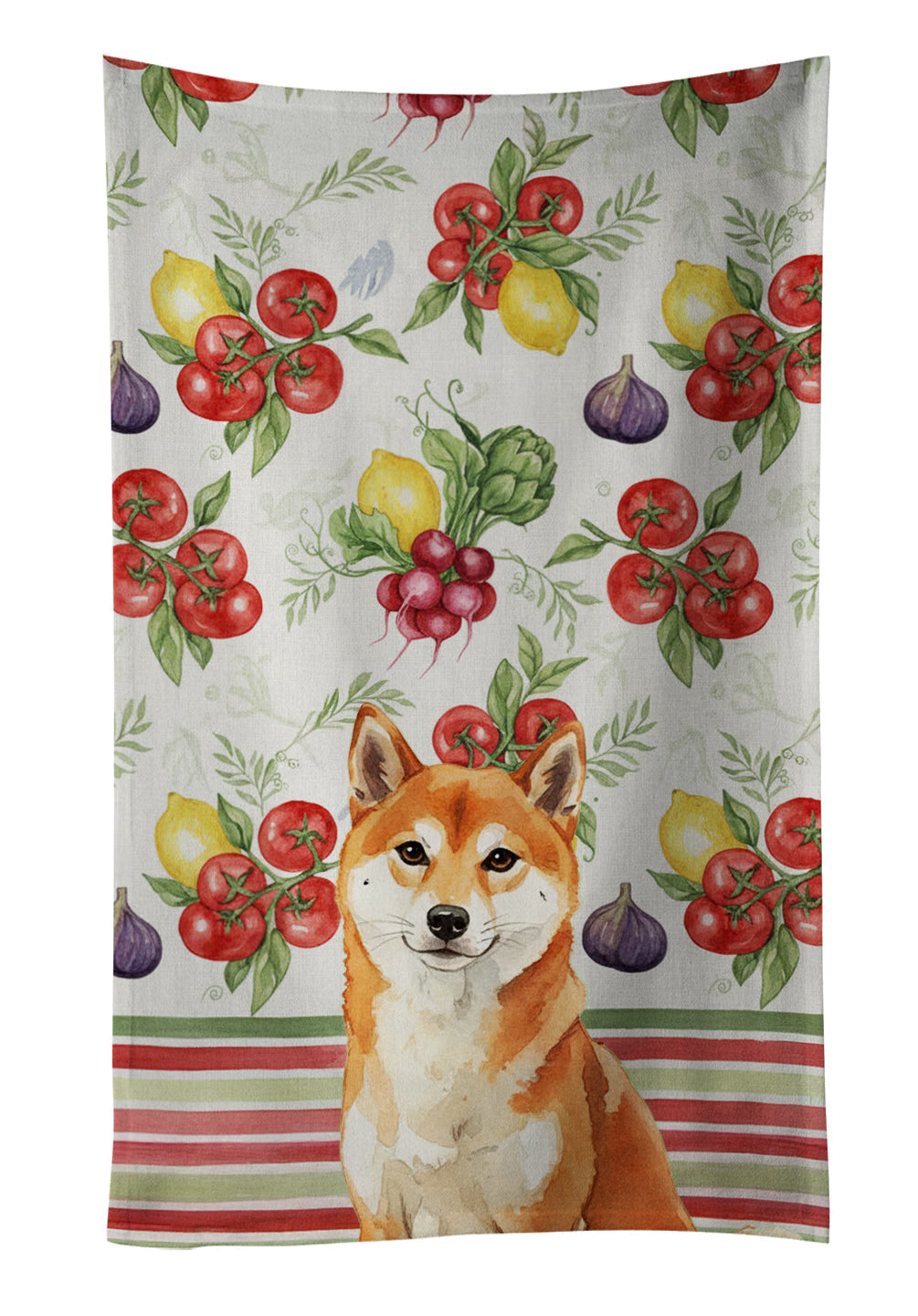 Red Shiba Inu Vegetables Kitchen Towel Velour Plush Front and Cotton Loop Back Machine Washable