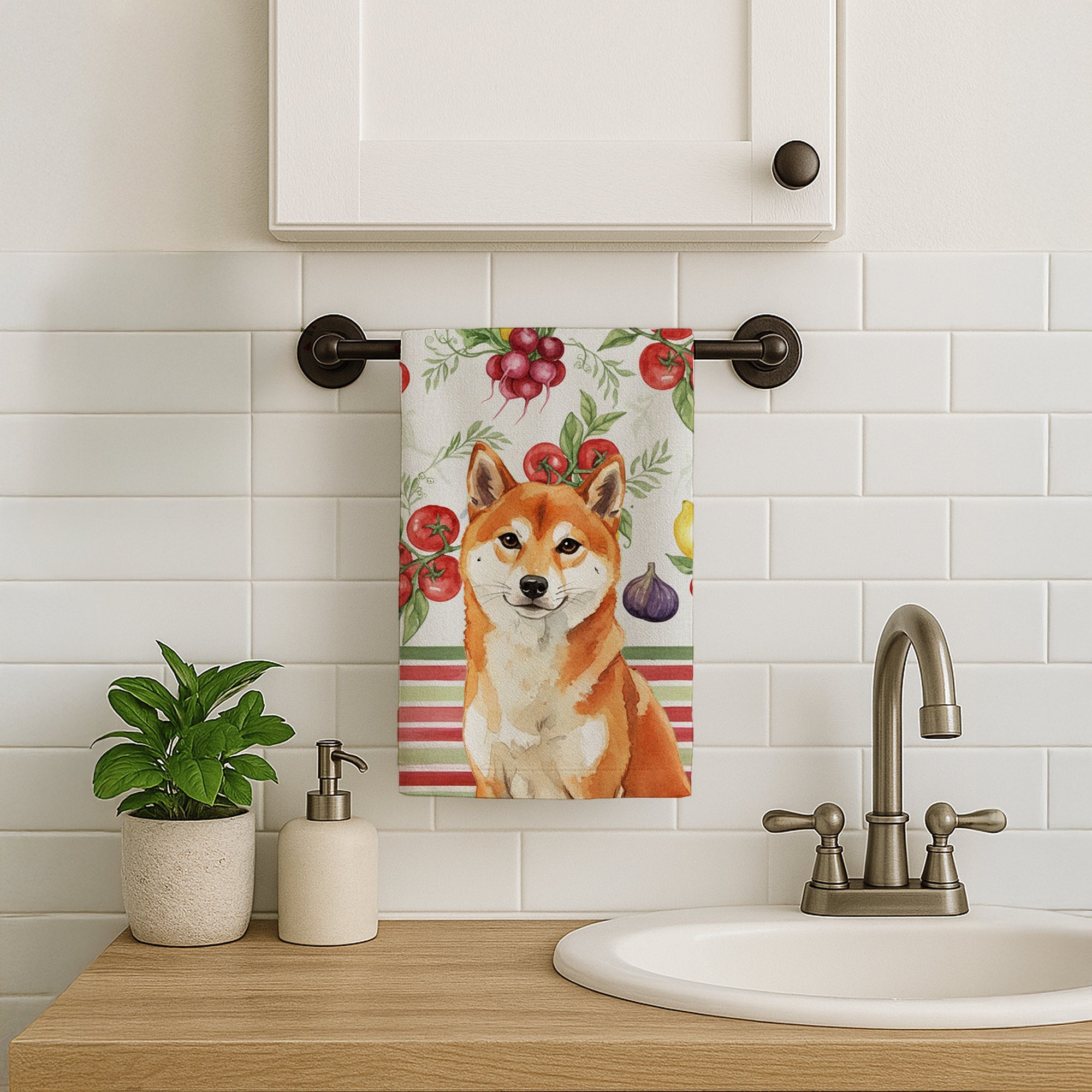Red Shiba Inu Vegetables Kitchen Towel Velour Plush Front and Cotton Loop Back Machine Washable