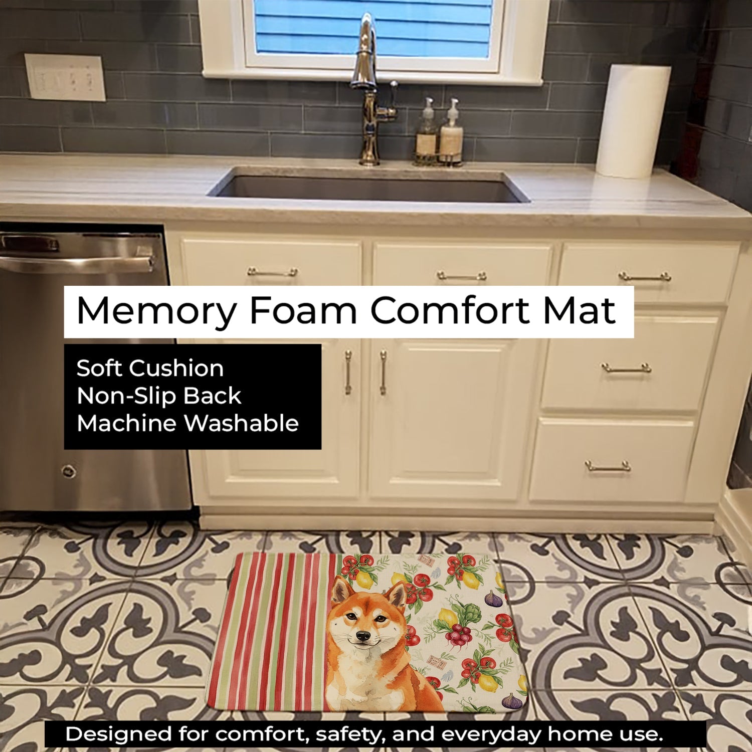 Red Shiba Inu Vegetables Memory Foam Kitchen Mat Machine Washable Anti-Fatigue Cushion Comfort Bath or Kitchen Rug