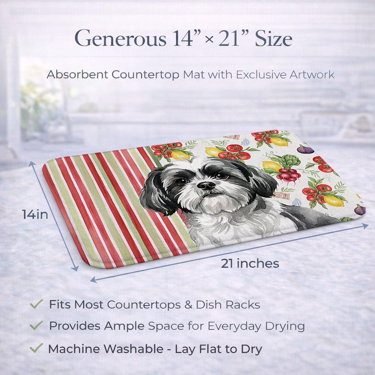 Black and White Shih Tzu Vegetables Dish Drying Mat Absorbent Dish Drying Mat Pad for Kitchen Counter Dish Drainer Mat for Countertop, 14 x 21", Multicolor