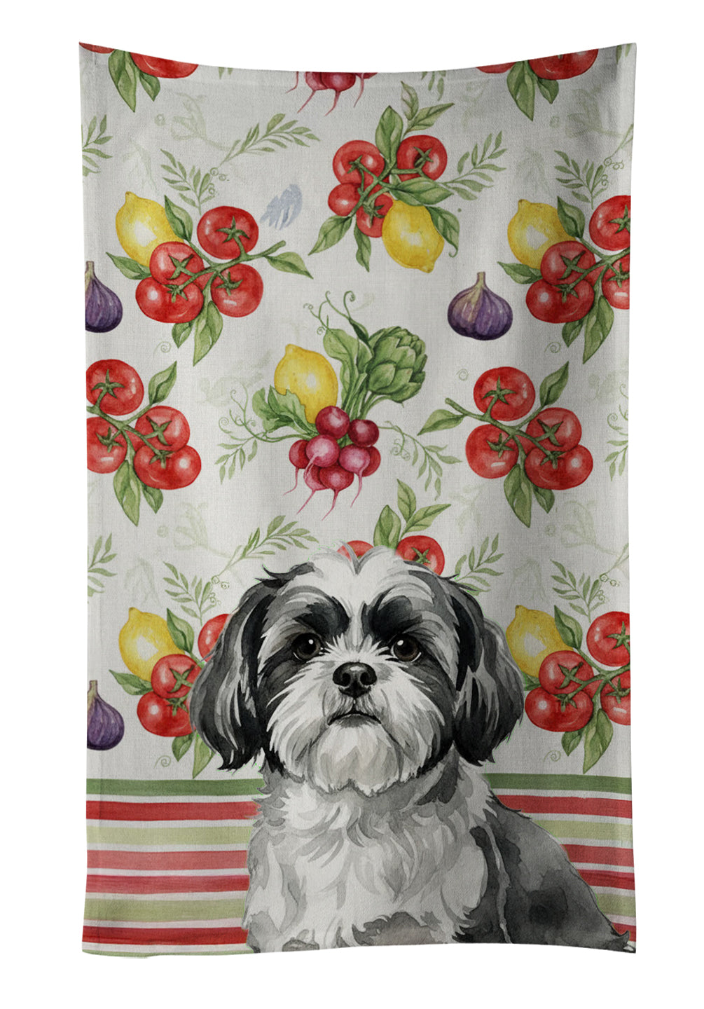 Black and White Shih Tzu Vegetables Kitchen Towel Velour Plush Front and Cotton Loop Back Machine Washable