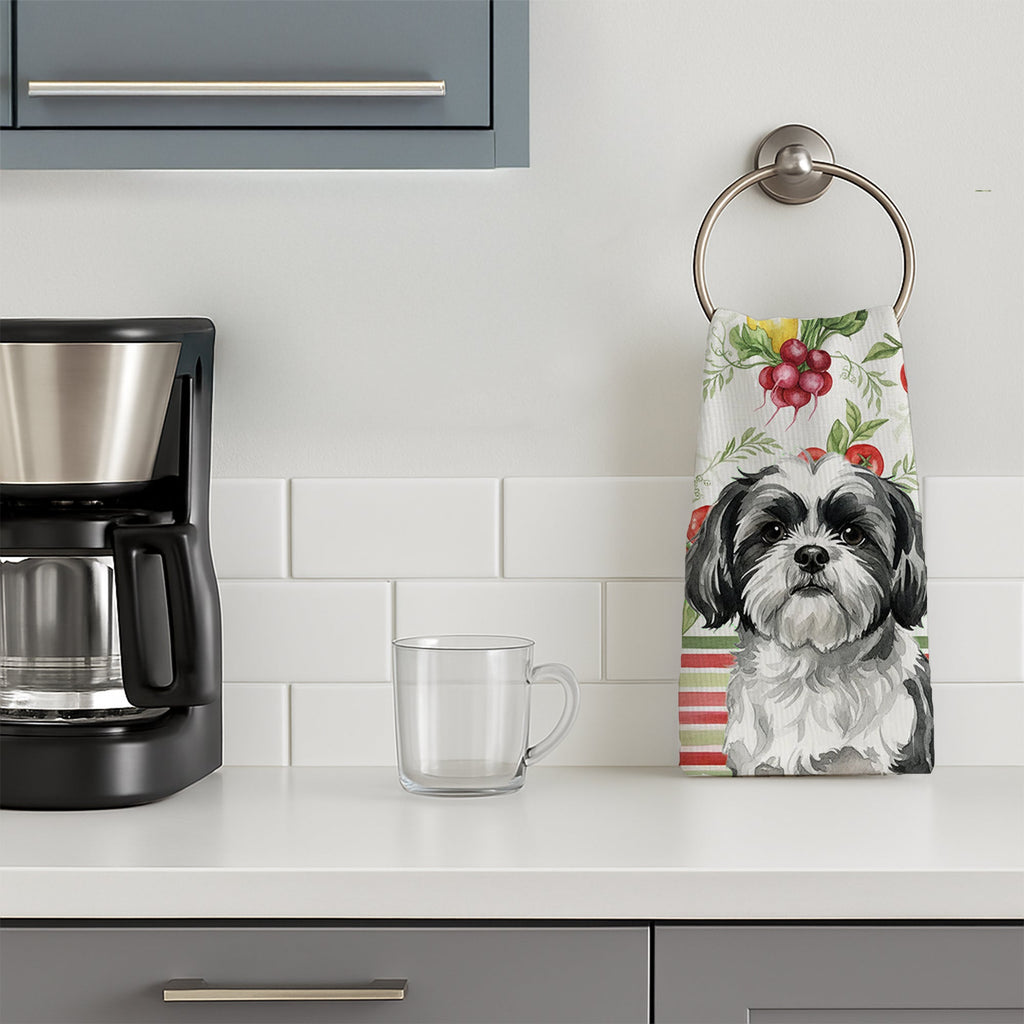 Black and White Shih Tzu Vegetables Kitchen Towel Velour Plush Front and Cotton Loop Back Machine Washable