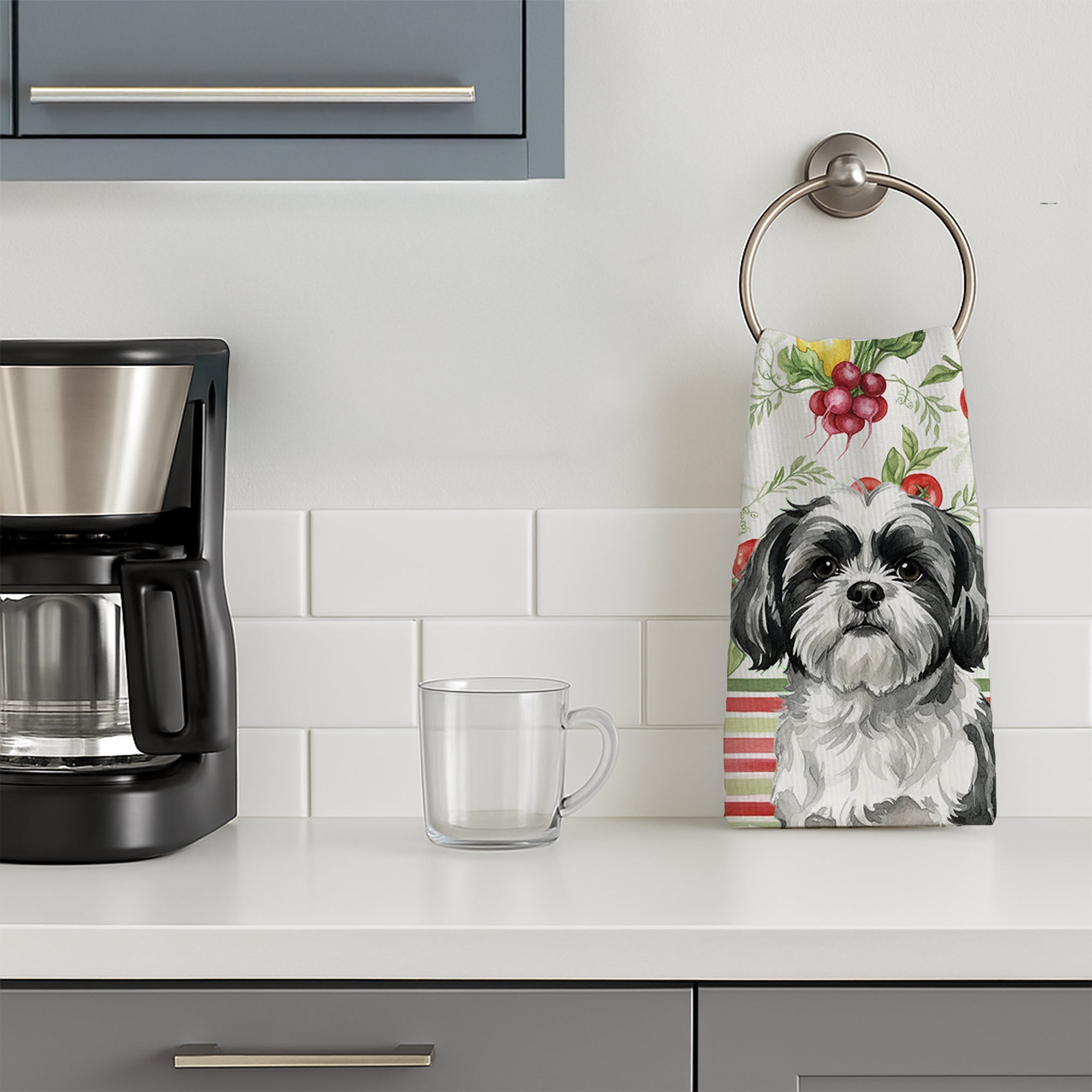 Black and White Shih Tzu Vegetables Kitchen Towel Velour Plush Front and Cotton Loop Back Machine Washable