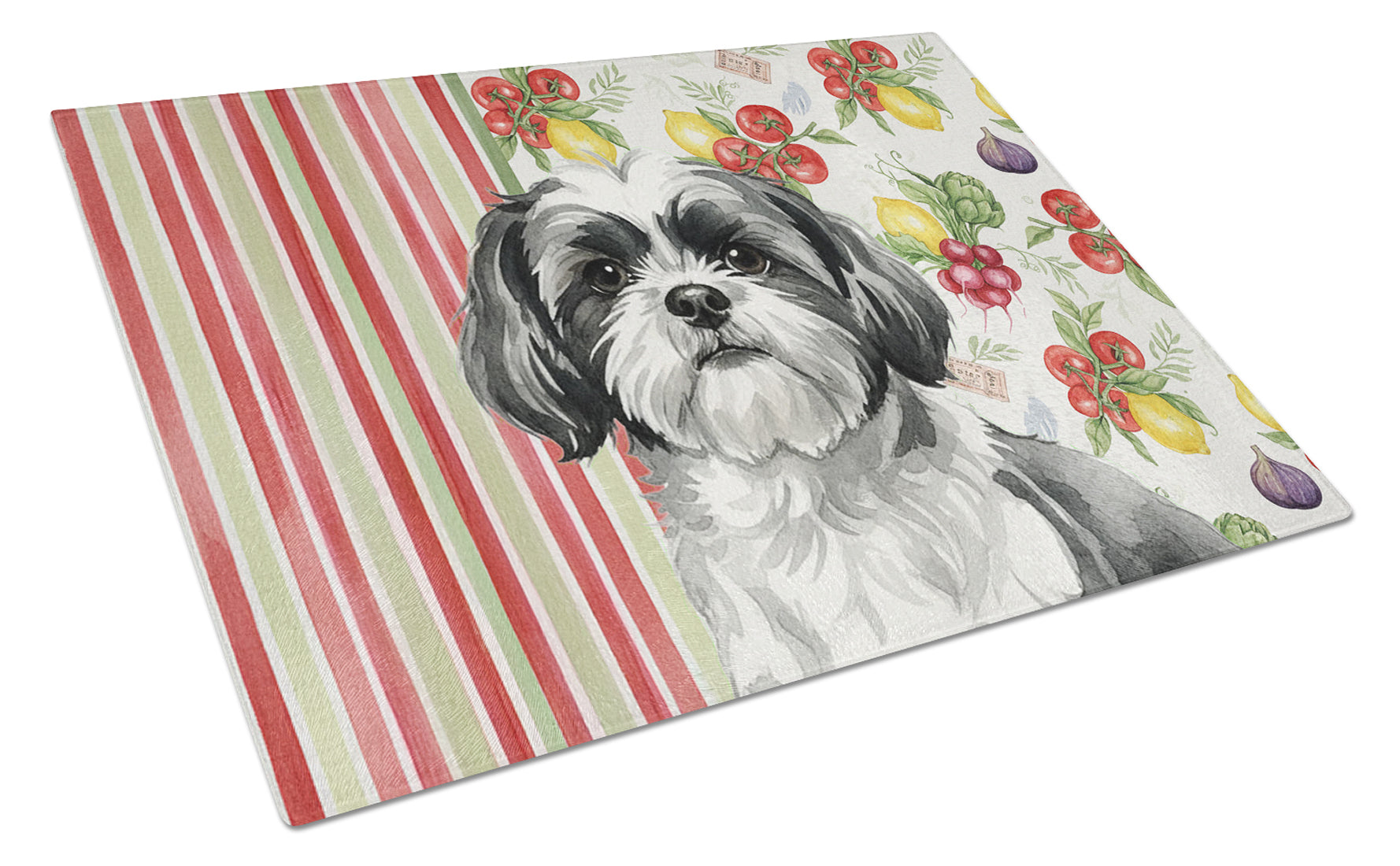 Black and White Shih Tzu Vegetables Cutting Board Tempered Glass Kitchen Cutting Surface, Heat Resistant Chopping, Non-Slip Feet, Food Prep & Serving