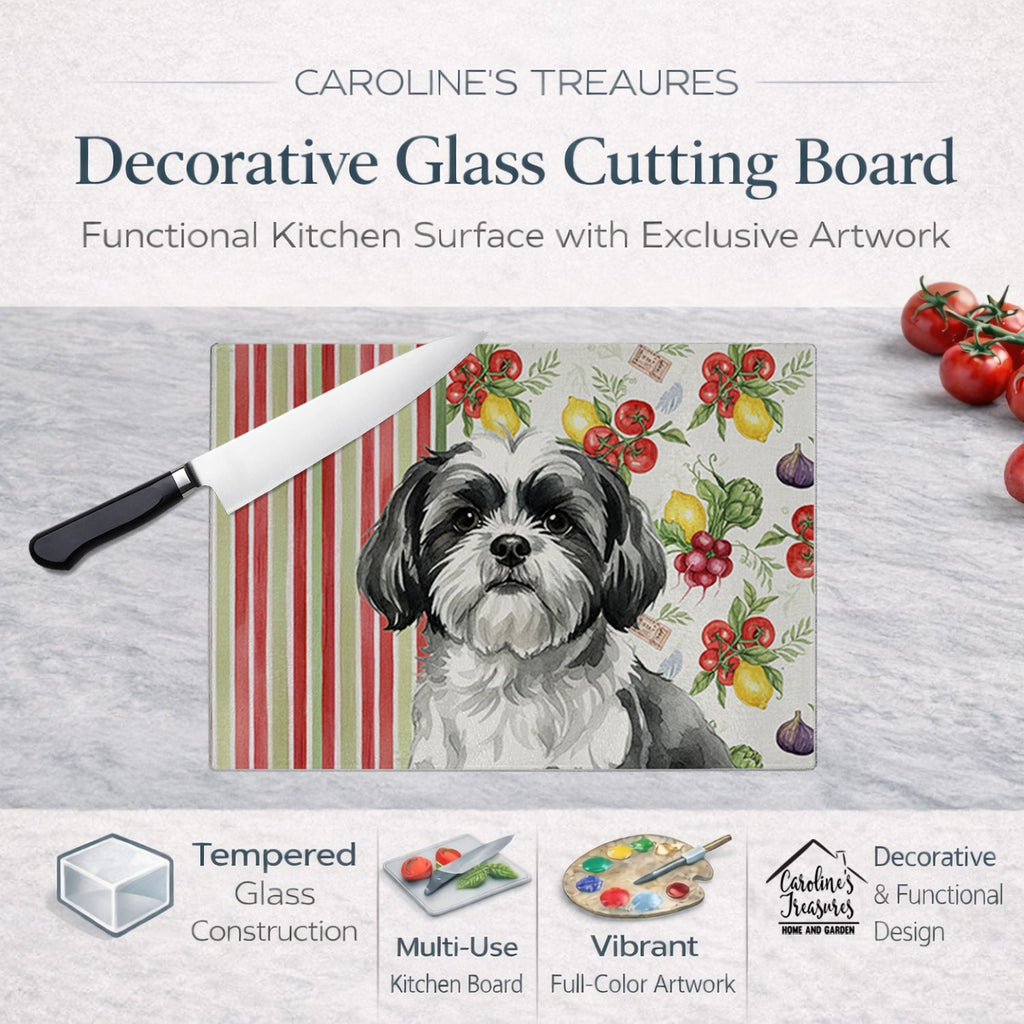 Black and White Shih Tzu Vegetables Cutting Board Tempered Glass Kitchen Cutting Surface, Heat Resistant Chopping, Non-Slip Feet, Food Prep & Serving