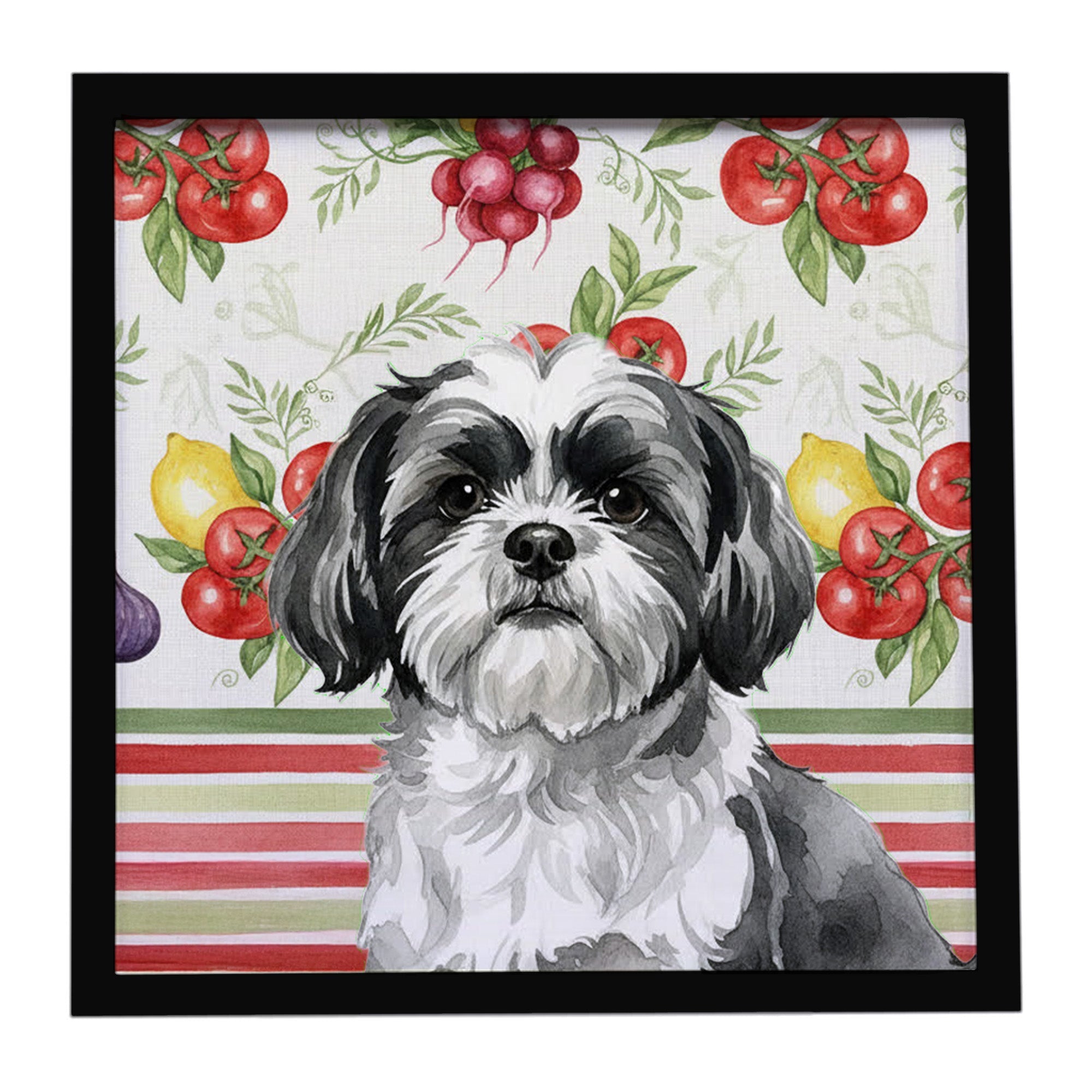 Black and White Shih Tzu Vegetables Framed Metal Print Bathroom, Kitchen, Office, Home Decor Wall Art Ready to Hang, Square, 8X8