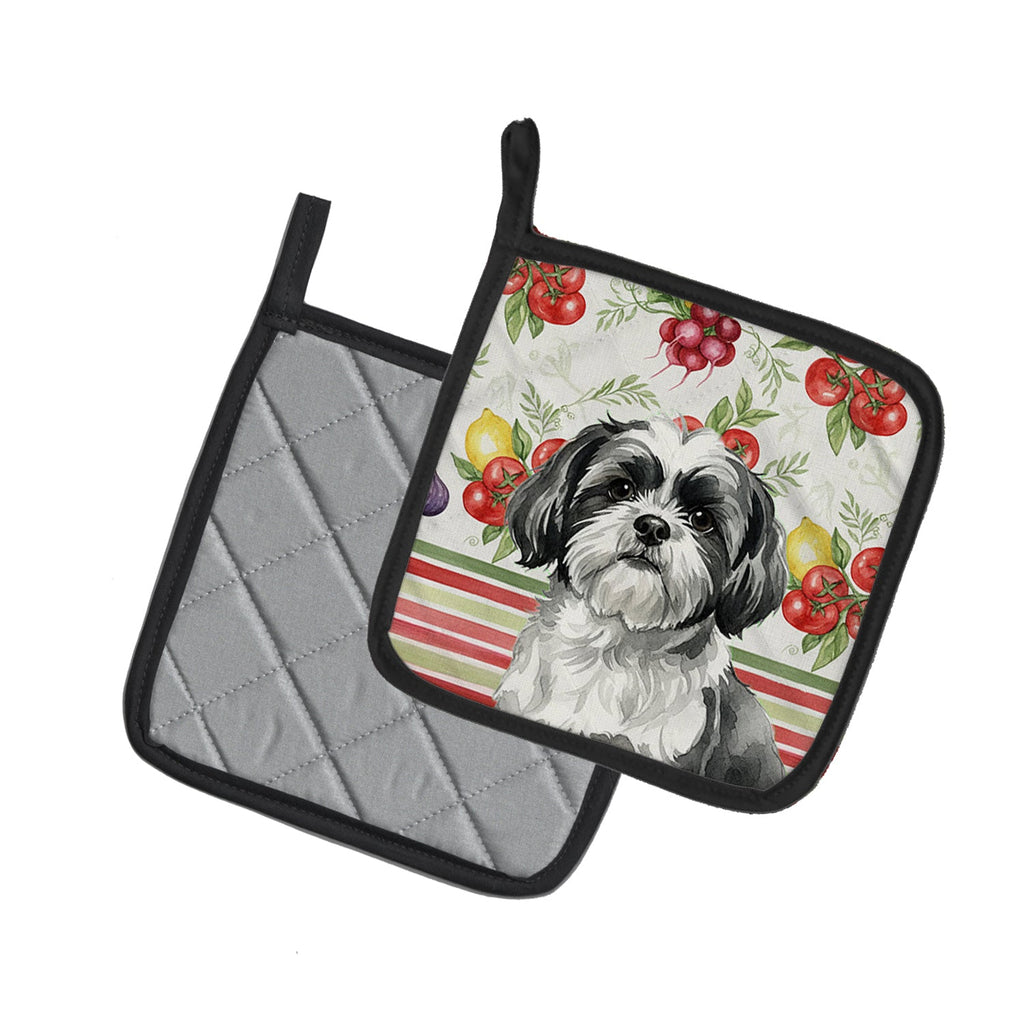 Black and White Shih Tzu Vegetables Pot Holder Set of 2 Heat Resistant Quilted Hot Pads 7.5 x 7.5 Inch, Insulated Kitchen Trivets for Cooking & Baking
