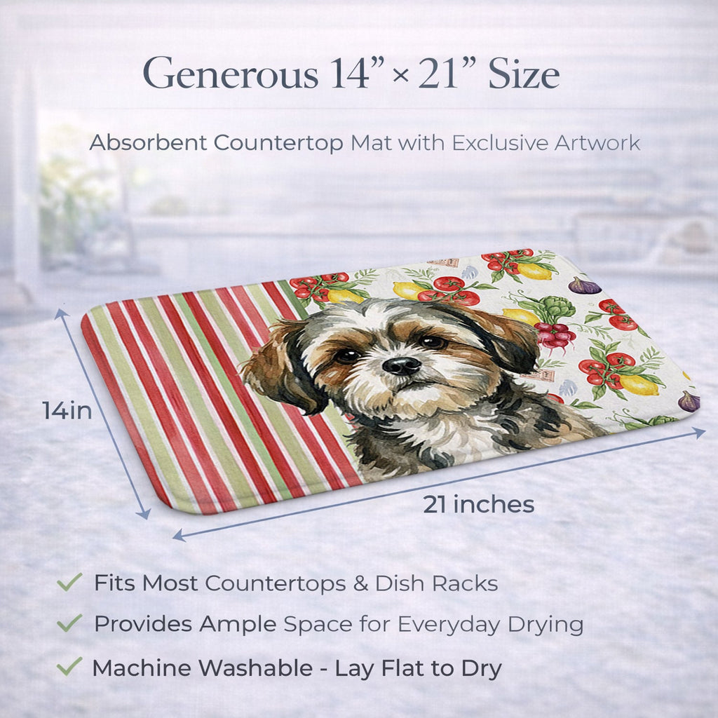 Brindle Shih Tzu Vegetables Dish Drying Mat Absorbent Dish Drying Mat Pad for Kitchen Counter Dish Drainer Mat for Countertop, 14 x 21", Multicolor