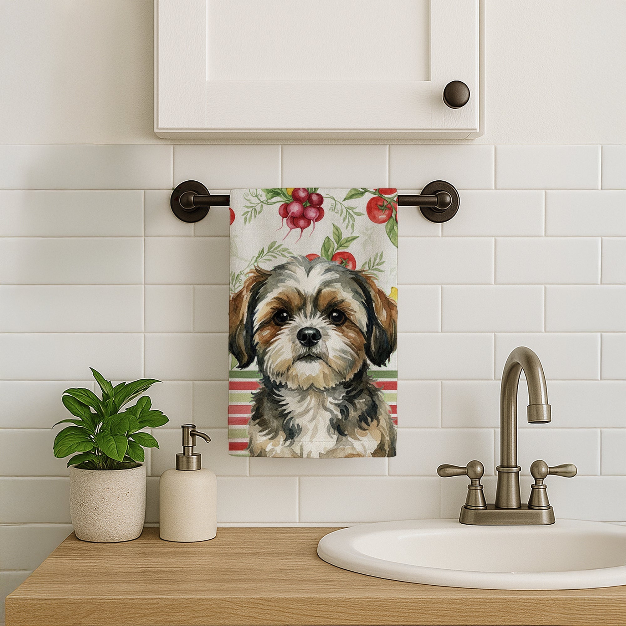 Brindle Shih Tzu Vegetables Kitchen Towel Velour Plush Front and Cotton Loop Back Machine Washable