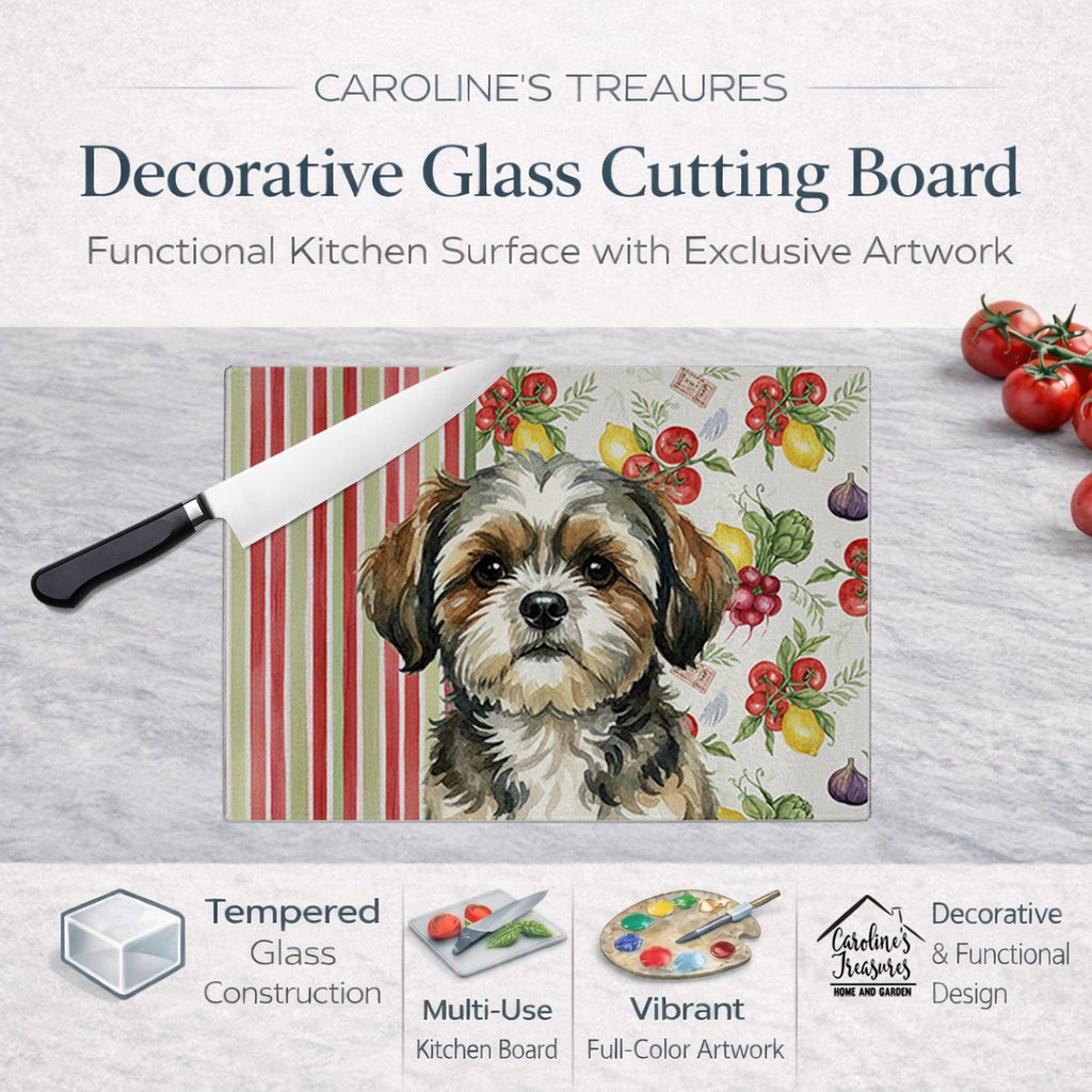 Brindle Shih Tzu Vegetables Cutting Board Tempered Glass Kitchen Cutting Surface, Heat Resistant Chopping, Non-Slip Feet, Food Prep & Serving