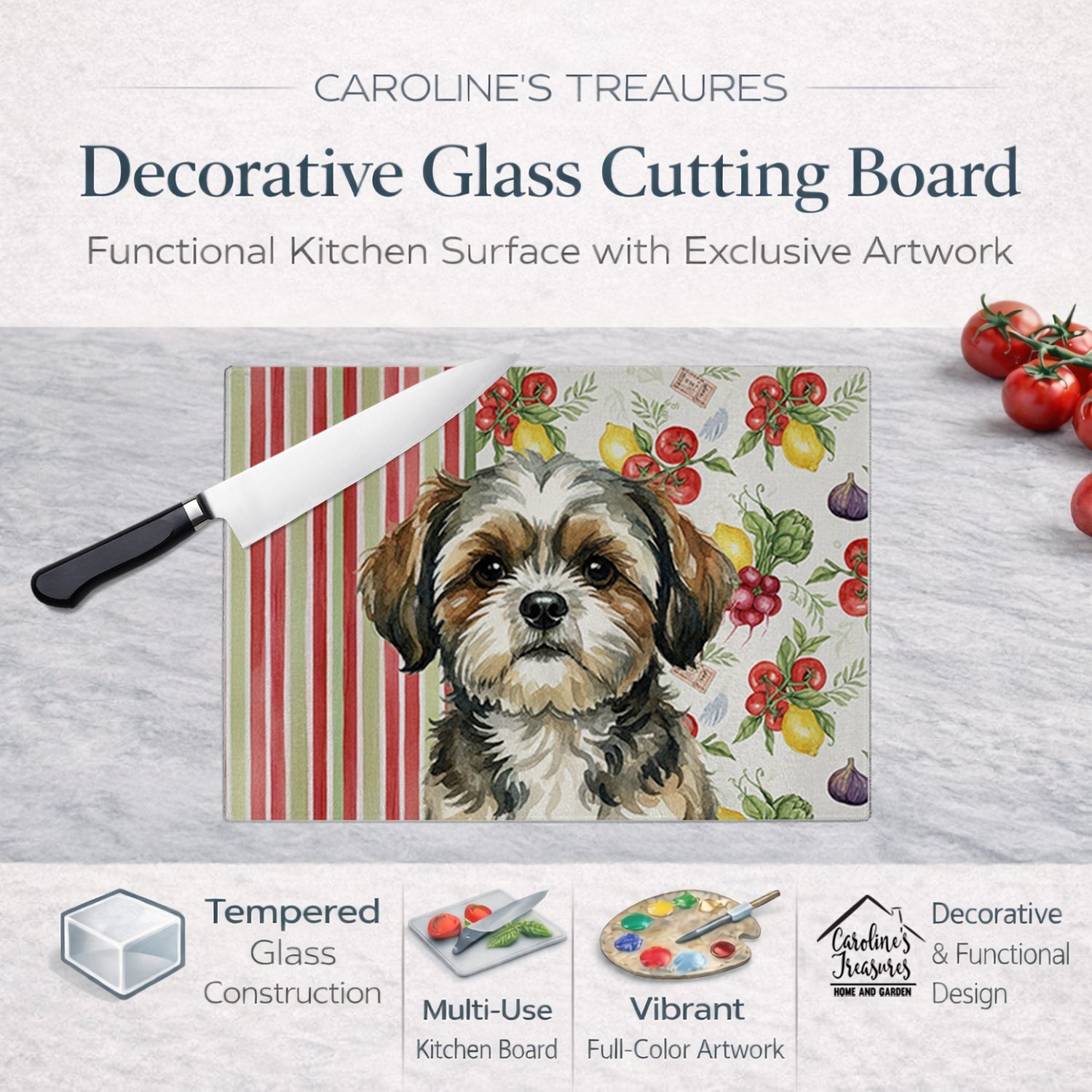 Brindle Shih Tzu Vegetables Cutting Board Tempered Glass Kitchen Cutting Surface, Heat Resistant Chopping, Non-Slip Feet, Food Prep & Serving
