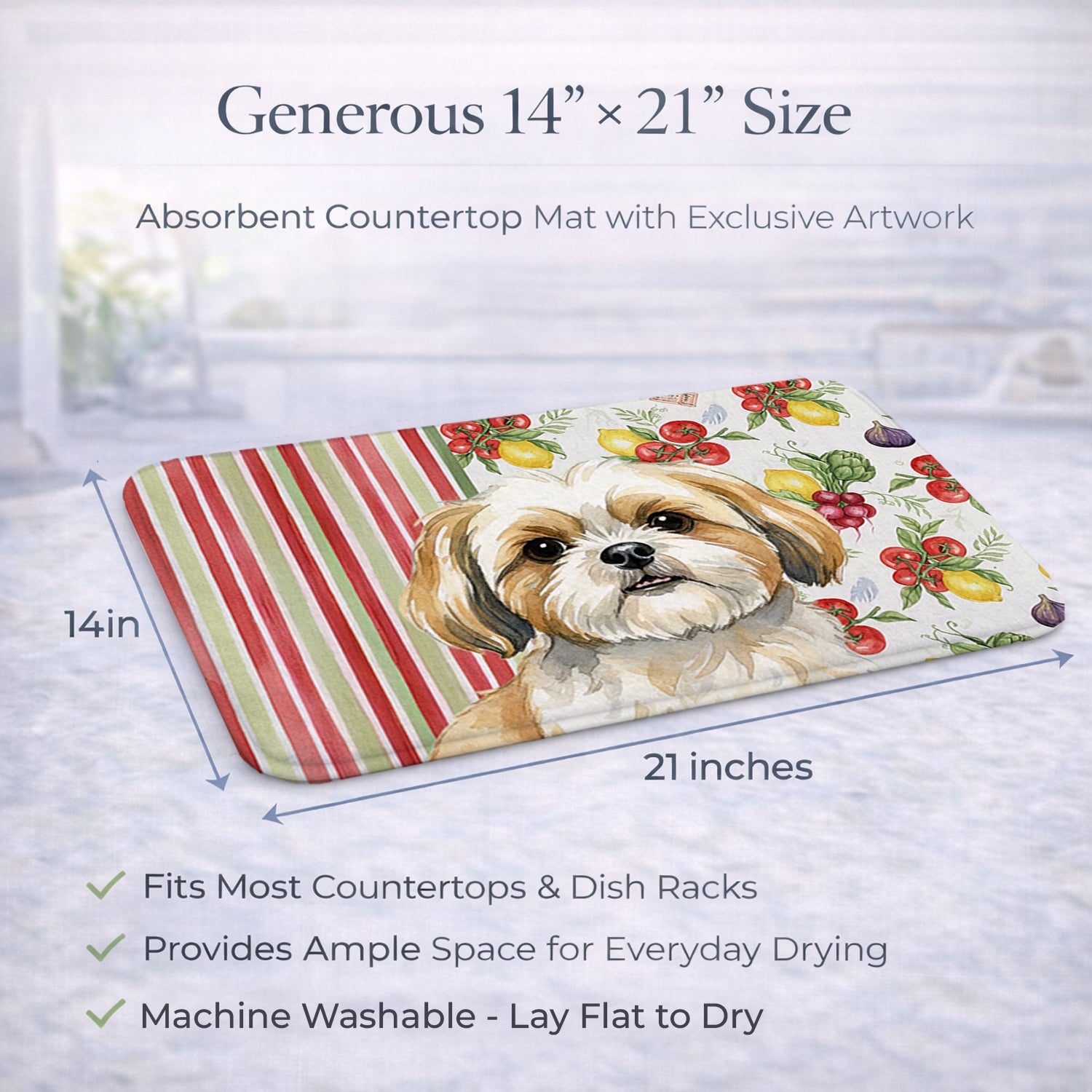 Gold and White Shih Tzu Vegetables Dish Drying Mat Absorbent Dish Drying Mat Pad for Kitchen Counter Dish Drainer Mat for Countertop, 14 x 21", Multicolor