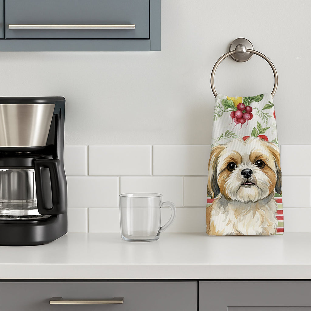 Gold and White Shih Tzu Vegetables Kitchen Towel Velour Plush Front and Cotton Loop Back Machine Washable
