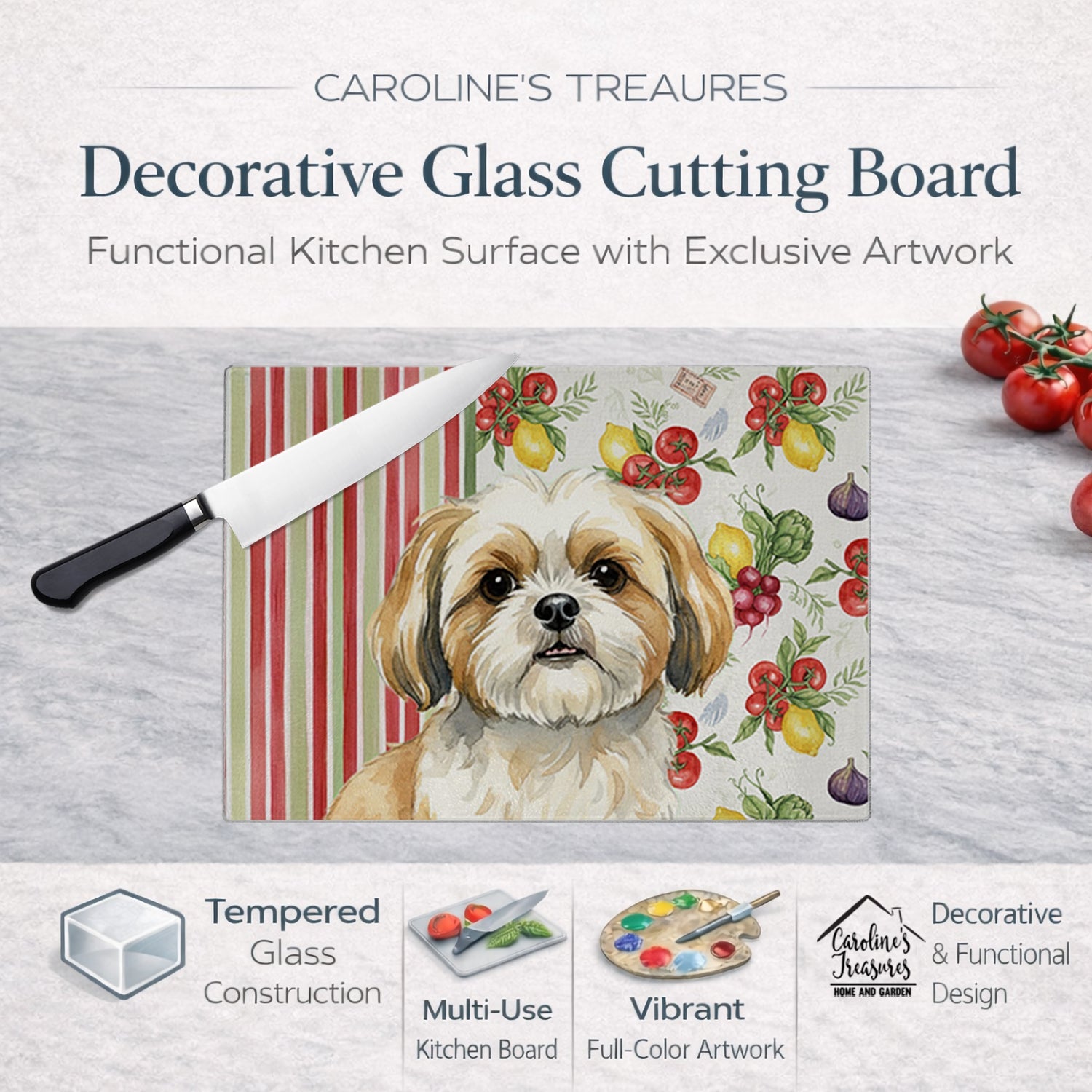 Gold and White Shih Tzu Vegetables Cutting Board Tempered Glass Kitchen Cutting Surface, Heat Resistant Chopping, Non-Slip Feet, Food Prep & Serving