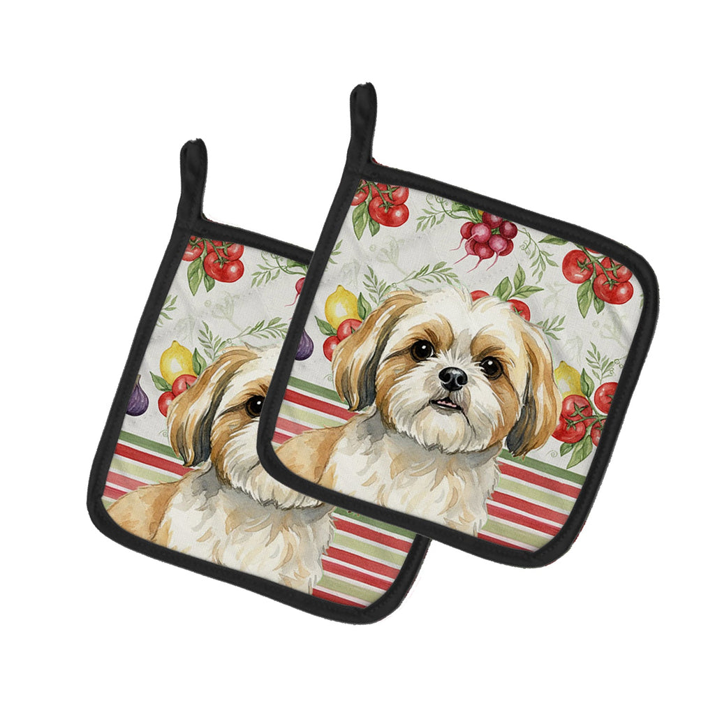 Gold and White Shih Tzu Vegetables Pot Holder Set of 2 Heat Resistant Quilted Hot Pads 7.5 x 7.5 Inch, Insulated Kitchen Trivets for Cooking & Baking