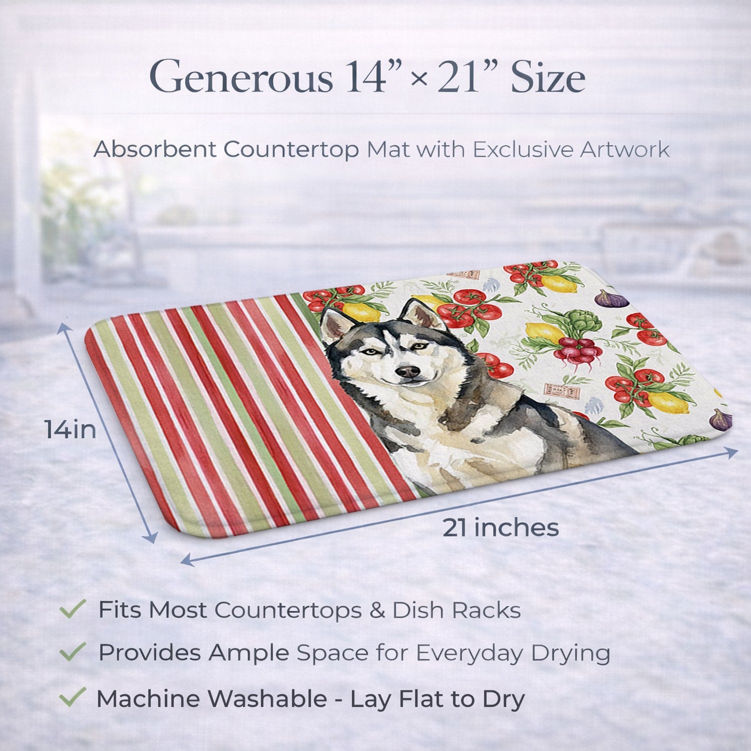 Agouti Siberian Husky Vegetables Dish Drying Mat Absorbent Dish Drying Mat Pad for Kitchen Counter Dish Drainer Mat for Countertop, 14 x 21", Multicolor