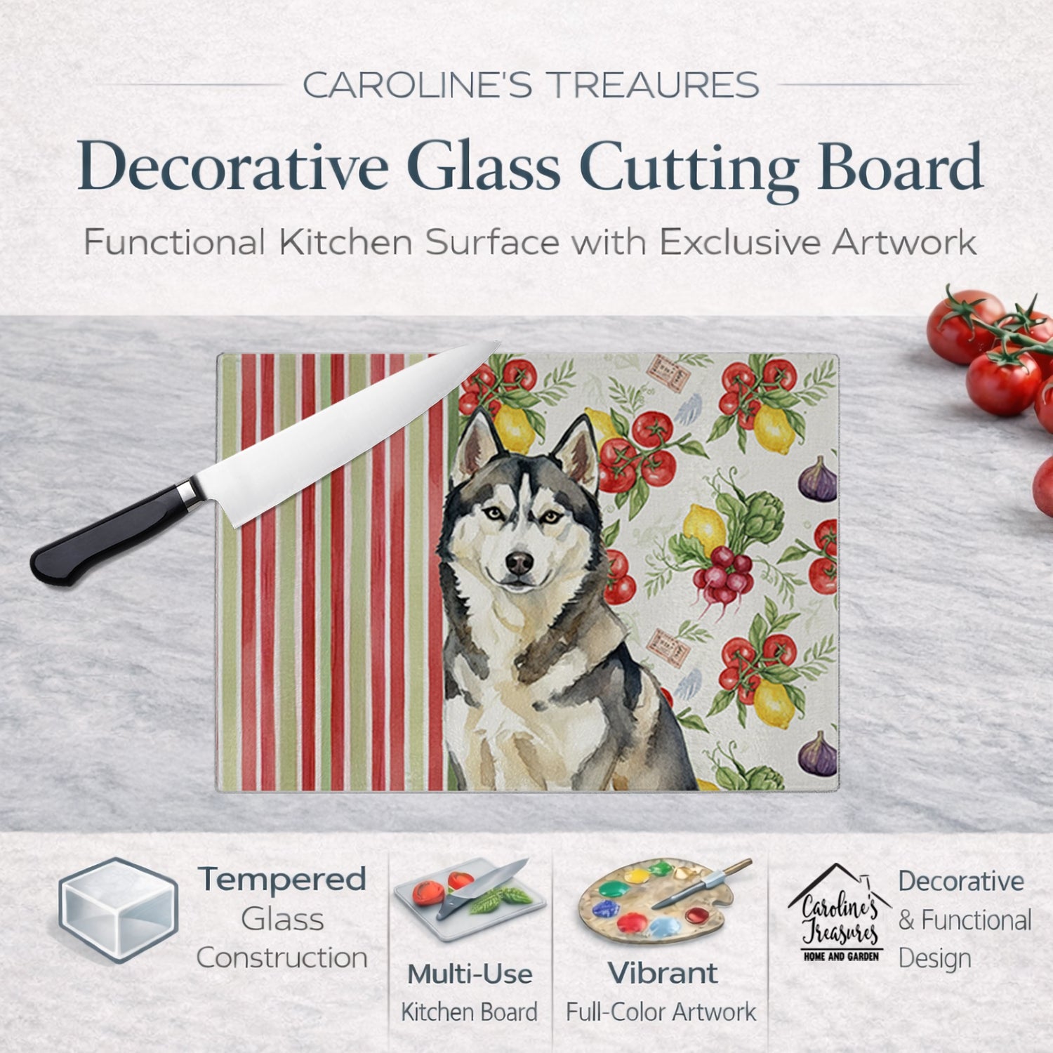 Agouti Siberian Husky Vegetables Cutting Board Tempered Glass Kitchen Cutting Surface, Heat Resistant Chopping, Non-Slip Feet, Food Prep & Serving