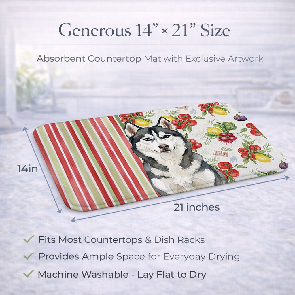 Siberian Husky Vegetables Dish Drying Mat Absorbent Dish Drying Mat Pad for Kitchen Counter Dish Drainer Mat for Countertop, 14 x 21", Multicolor