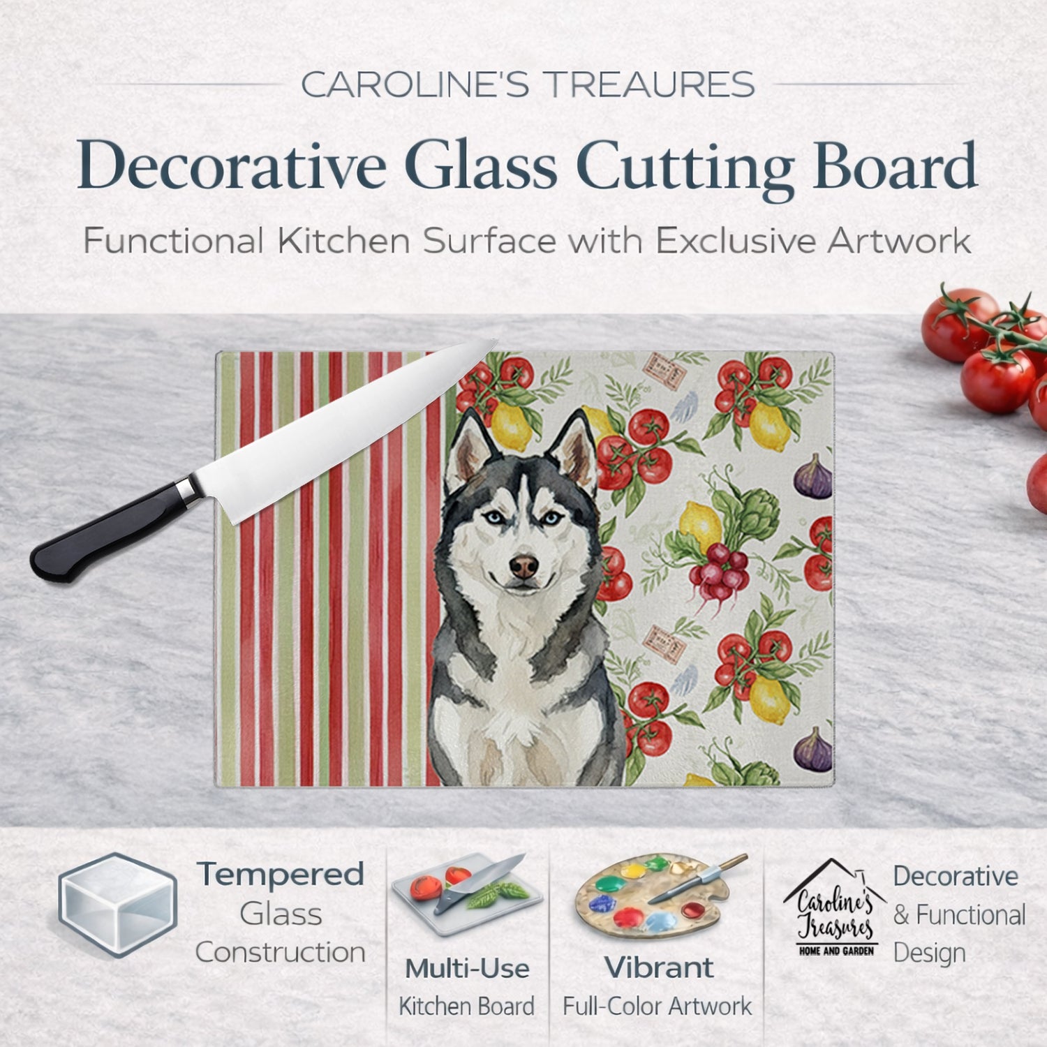 Siberian Husky Vegetables Cutting Board Tempered Glass Kitchen Cutting Surface, Heat Resistant Chopping, Non-Slip Feet, Food Prep & Serving