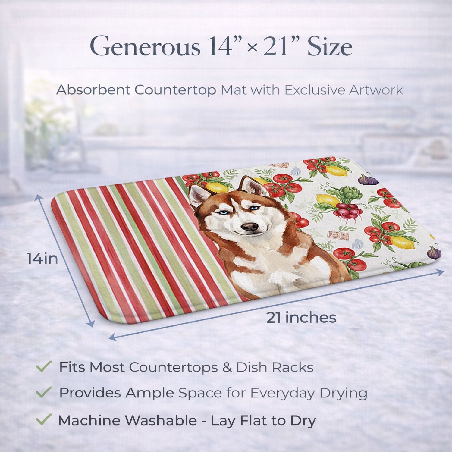 Red and White Siberian Husky Vegetables Dish Drying Mat Absorbent Dish Drying Mat Pad for Kitchen Counter Dish Drainer Mat for Countertop, 14 x 21", Multicolor