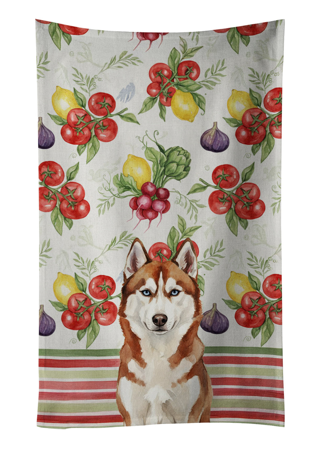 Red and White Siberian Husky Vegetables Kitchen Towel Velour Plush Front and Cotton Loop Back Machine Washable