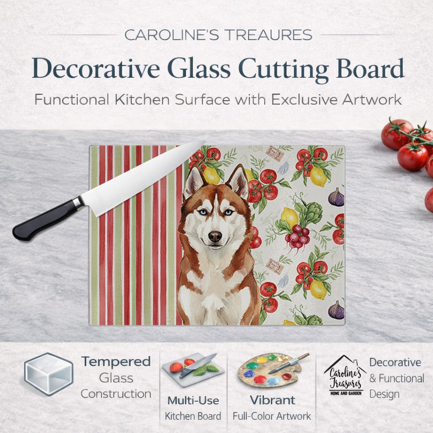 Red and White Siberian Husky Vegetables Cutting Board Tempered Glass Kitchen Cutting Surface, Heat Resistant Chopping, Non-Slip Feet, Food Prep & Serving