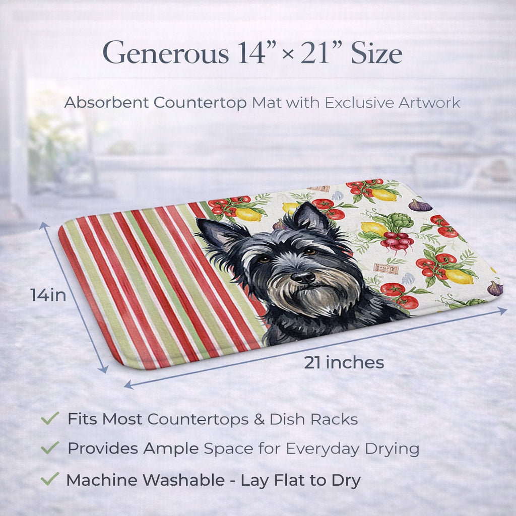 Black Skye Terrier Vegetables Dish Drying Mat Absorbent Dish Drying Mat Pad for Kitchen Counter Dish Drainer Mat for Countertop, 14 x 21", Multicolor