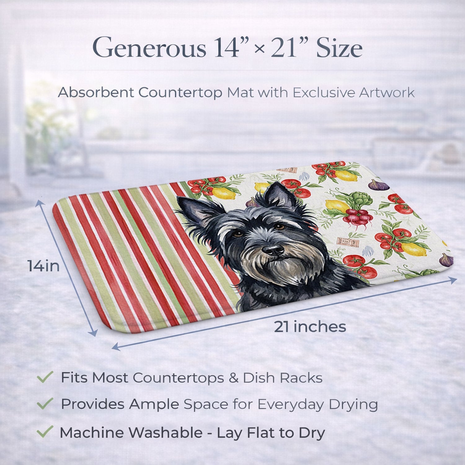 Black Skye Terrier Vegetables Dish Drying Mat Absorbent Dish Drying Mat Pad for Kitchen Counter Dish Drainer Mat for Countertop, 14 x 21", Multicolor