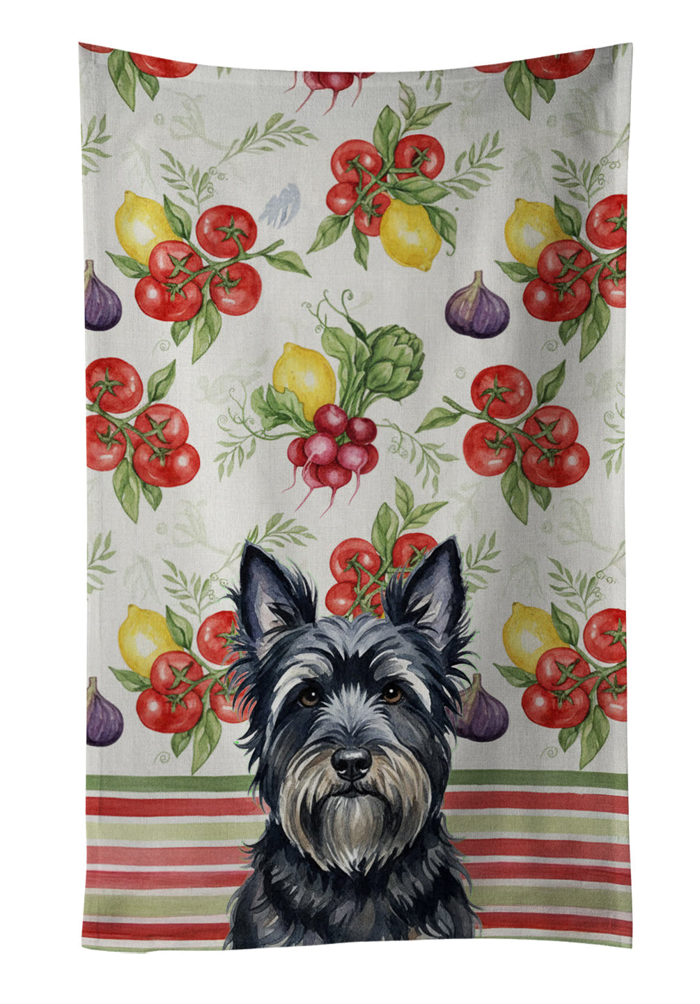 Black Skye Terrier Vegetables Kitchen Towel Velour Plush Front and Cotton Loop Back Machine Washable