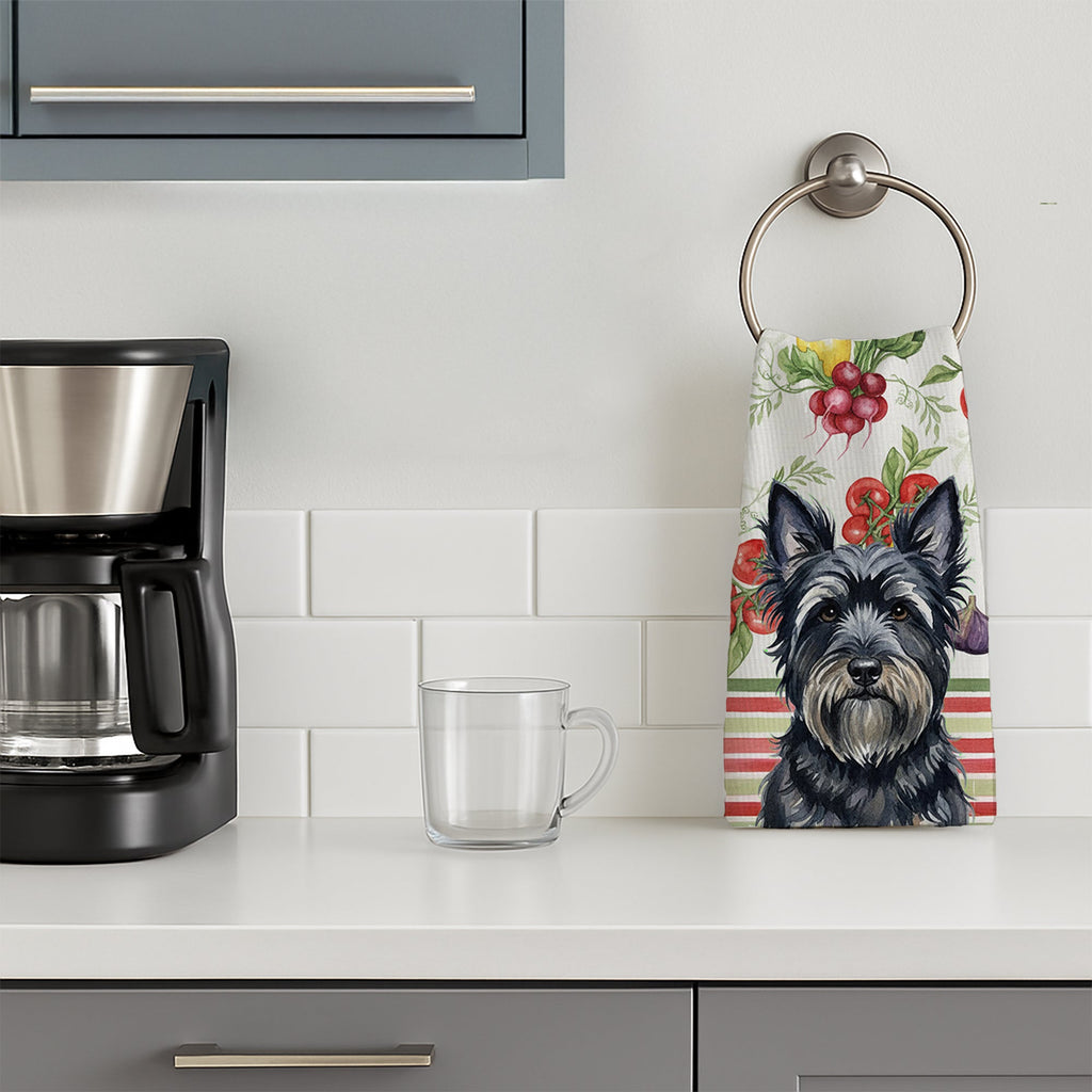 Black Skye Terrier Vegetables Kitchen Towel Velour Plush Front and Cotton Loop Back Machine Washable