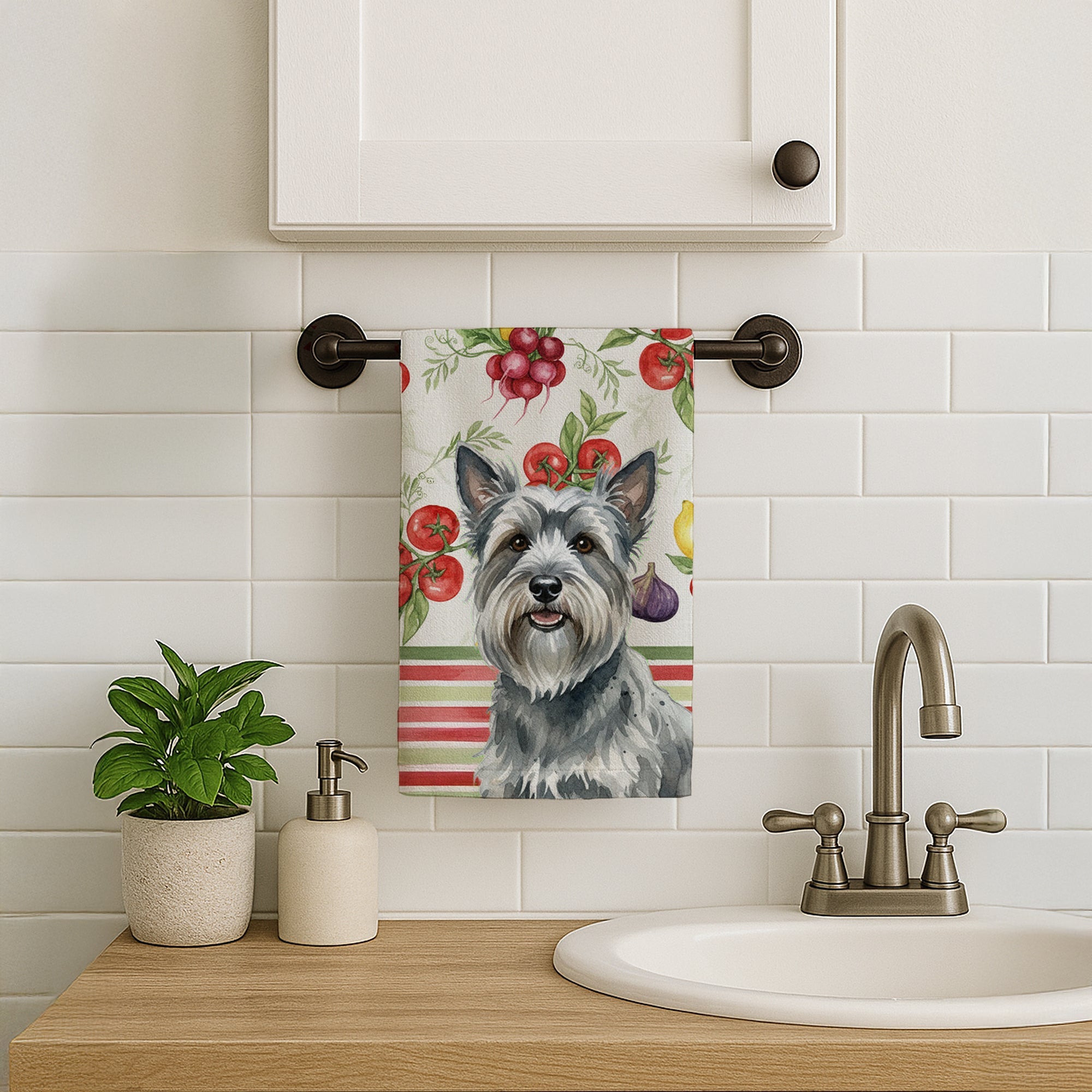 Gray Skye Terrier Vegetables Kitchen Towel Velour Plush Front and Cotton Loop Back Machine Washable
