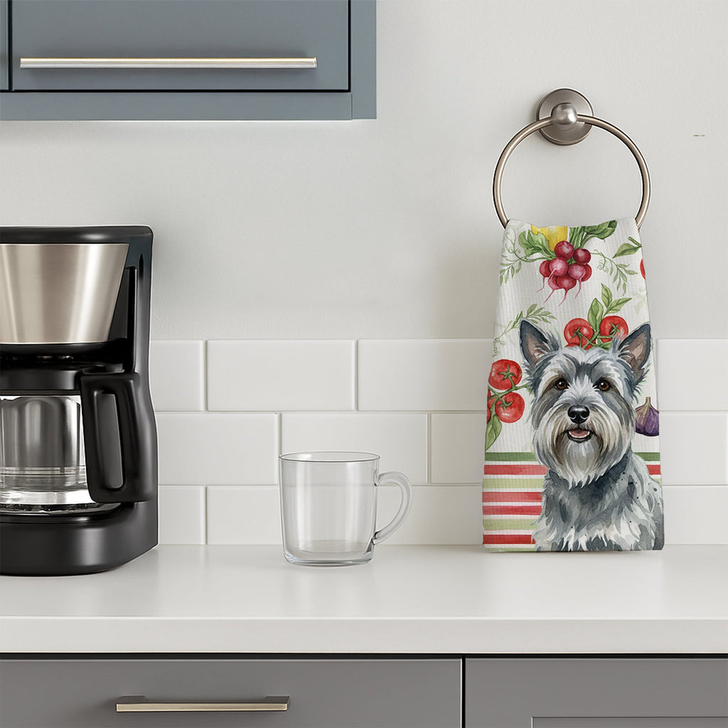 Gray Skye Terrier Vegetables Kitchen Towel Velour Plush Front and Cotton Loop Back Machine Washable