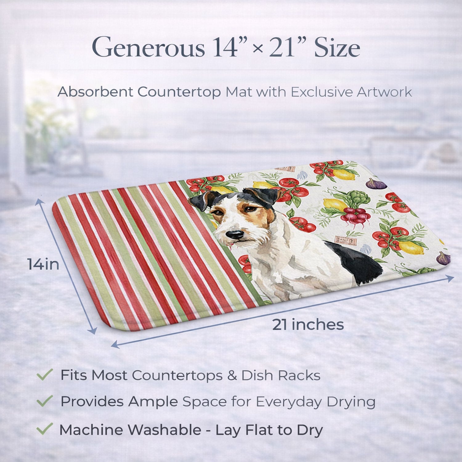 Smooth Fox Terrier Vegetables Dish Drying Mat Absorbent Dish Drying Mat Pad for Kitchen Counter Dish Drainer Mat for Countertop, 14 x 21", Multicolor