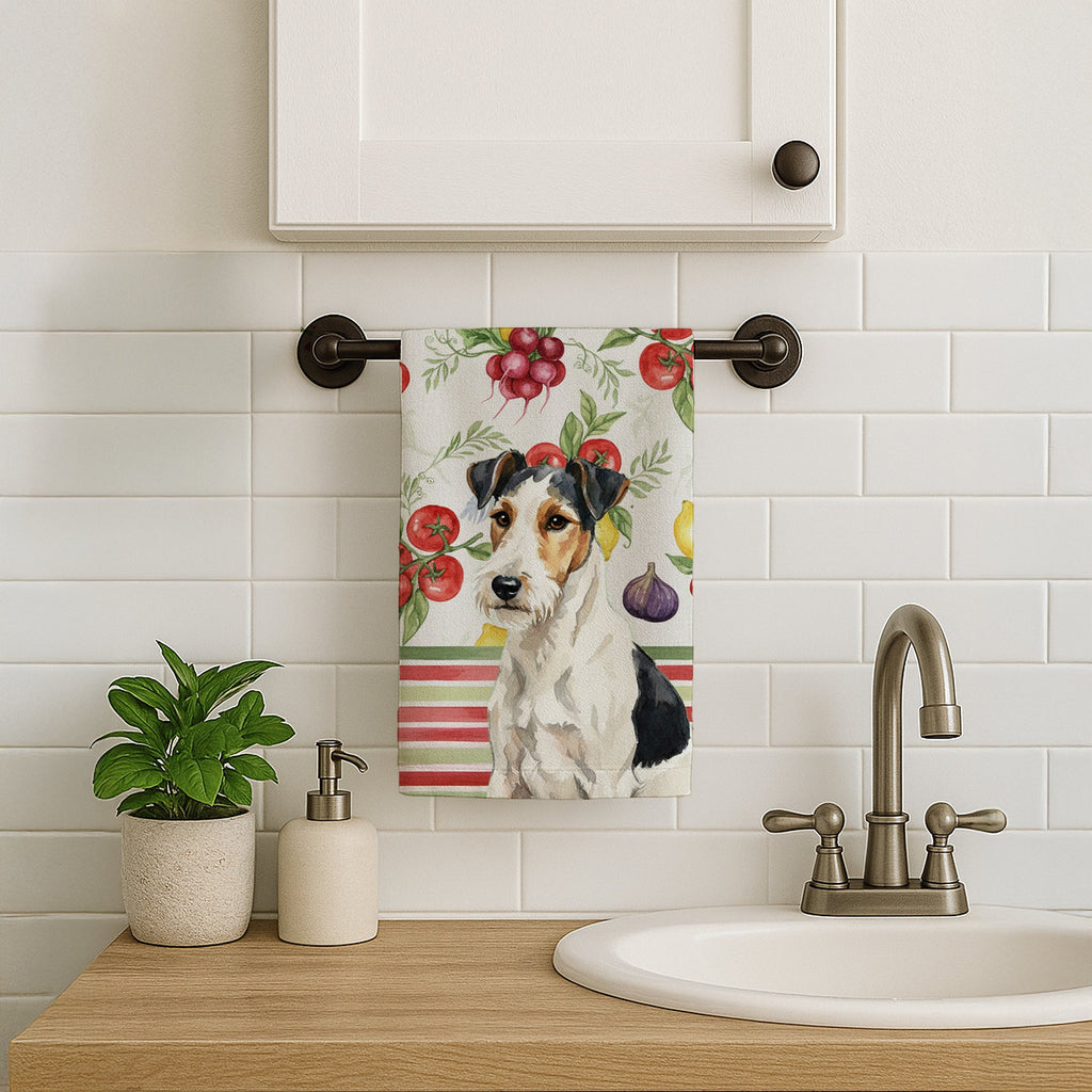 Smooth Fox Terrier Vegetables Kitchen Towel Velour Plush Front and Cotton Loop Back Machine Washable