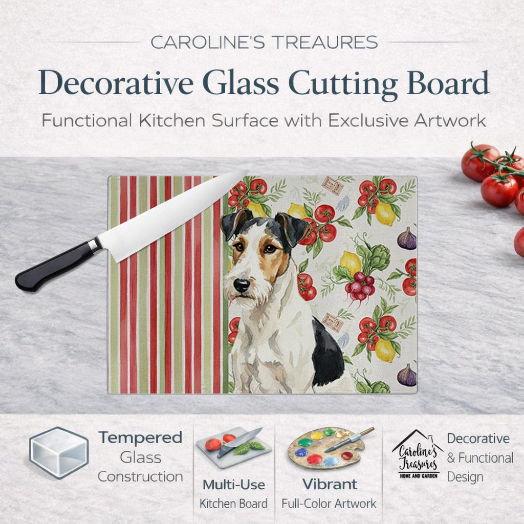 Smooth Fox Terrier Vegetables Cutting Board Tempered Glass Kitchen Cutting Surface, Heat Resistant Chopping, Non-Slip Feet, Food Prep & Serving