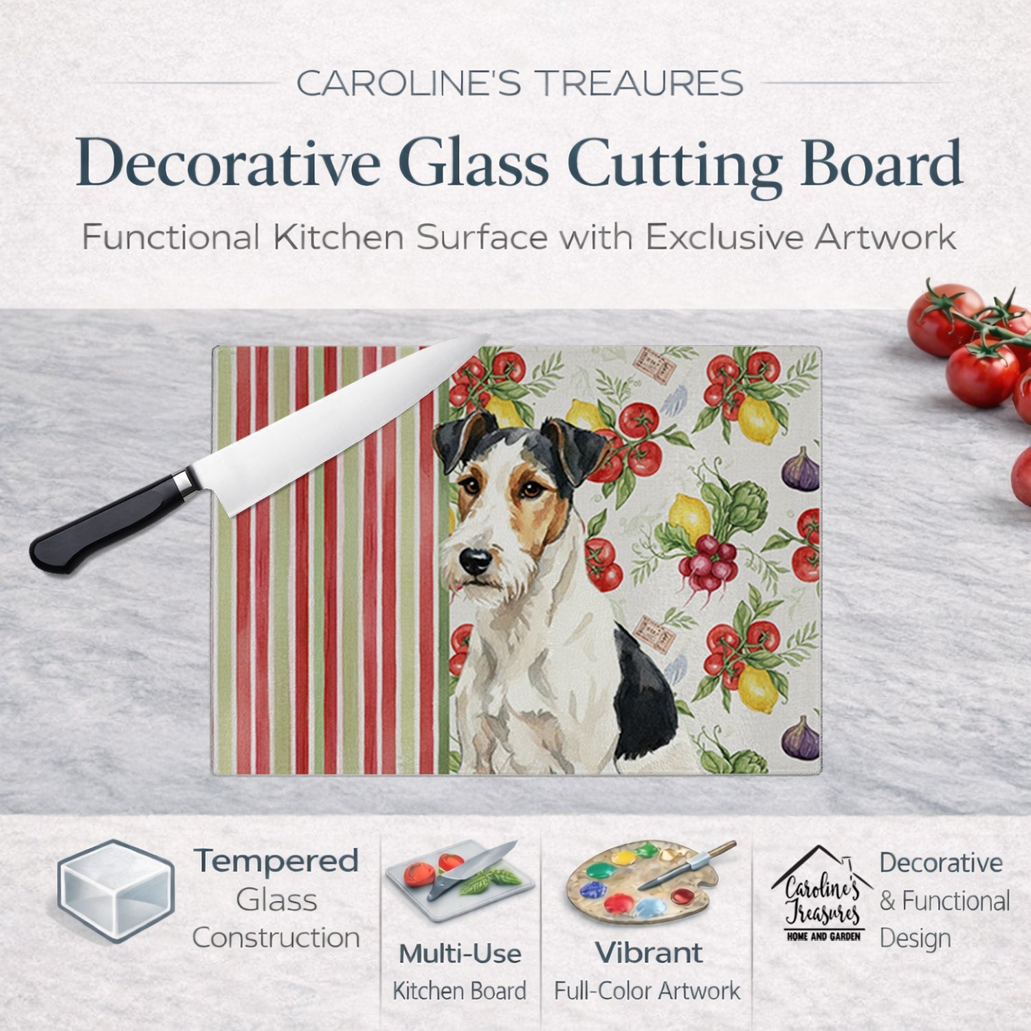 Smooth Fox Terrier Vegetables Cutting Board Tempered Glass Kitchen Cutting Surface, Heat Resistant Chopping, Non-Slip Feet, Food Prep & Serving