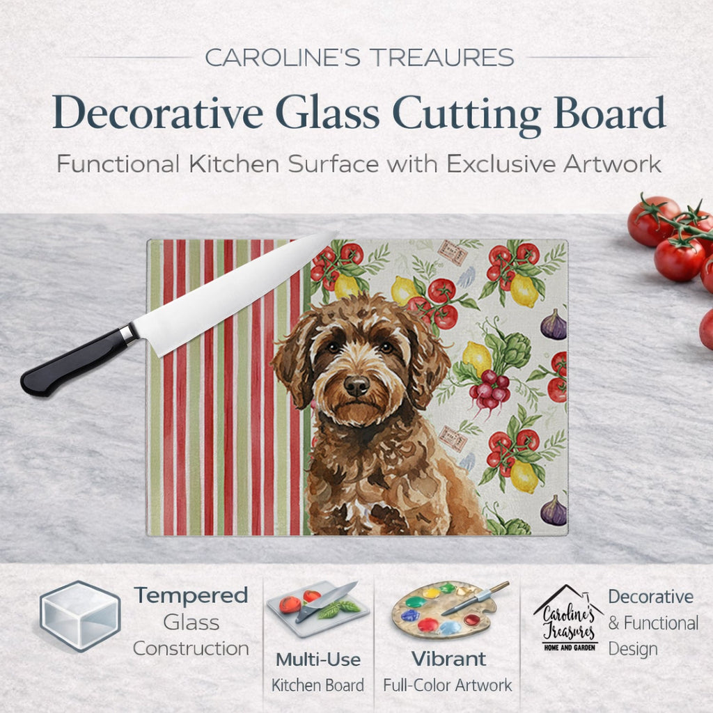 Spanish Water Dog Vegetables Cutting Board Tempered Glass Kitchen Cutting Surface, Heat Resistant Chopping, Non-Slip Feet, Food Prep & Serving