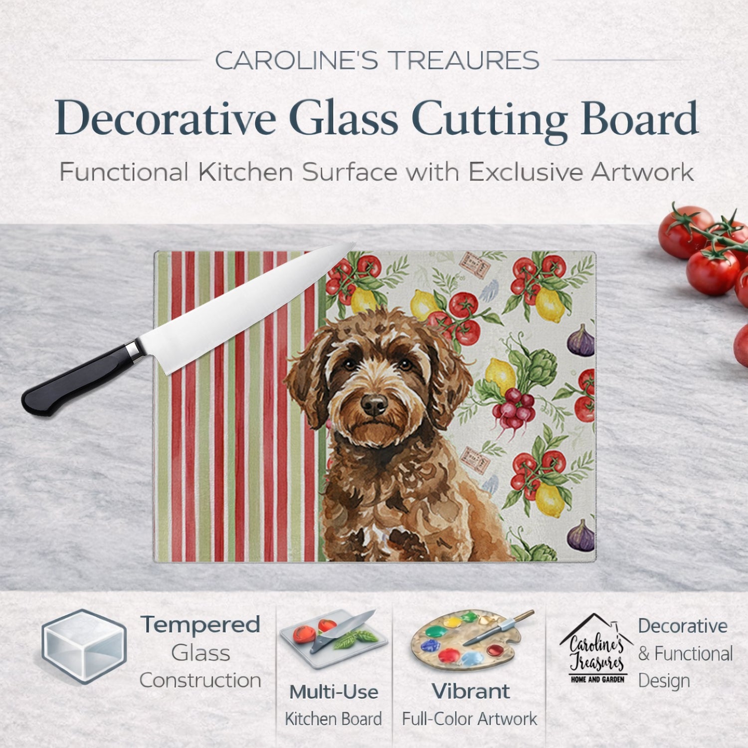 Spanish Water Dog Vegetables Cutting Board Tempered Glass Kitchen Cutting Surface, Heat Resistant Chopping, Non-Slip Feet, Food Prep & Serving