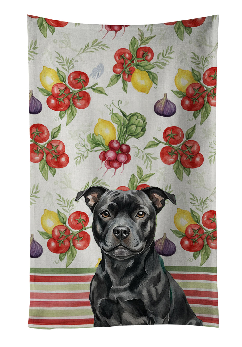 Black Staffordshire Bull Terrier Vegetables Kitchen Towel Velour Plush Front and Cotton Loop Back Machine Washable