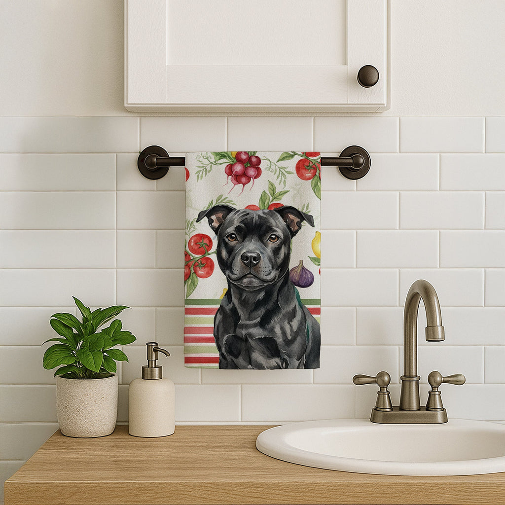 Black Staffordshire Bull Terrier Vegetables Kitchen Towel Velour Plush Front and Cotton Loop Back Machine Washable