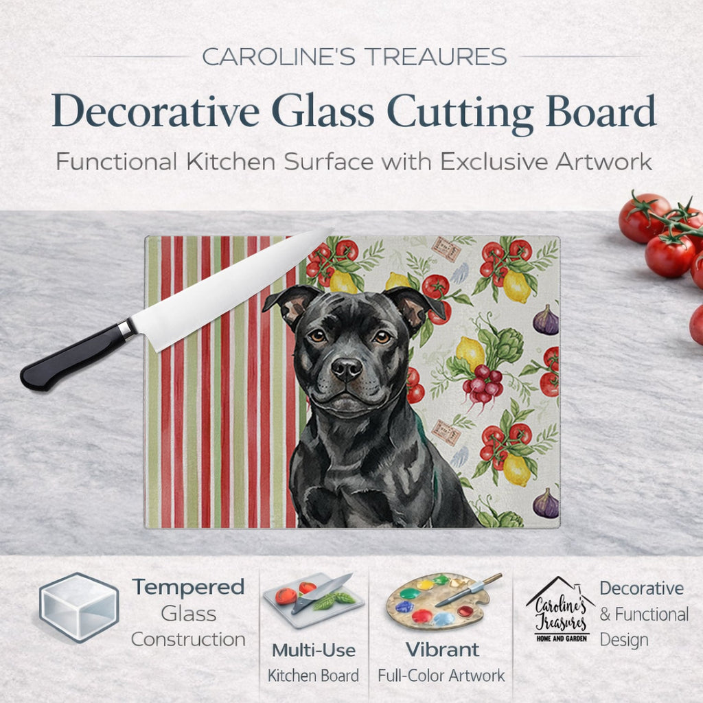Black Staffordshire Bull Terrier Vegetables Cutting Board Tempered Glass Kitchen Cutting Surface, Heat Resistant Chopping, Non-Slip Feet, Food Prep & Serving