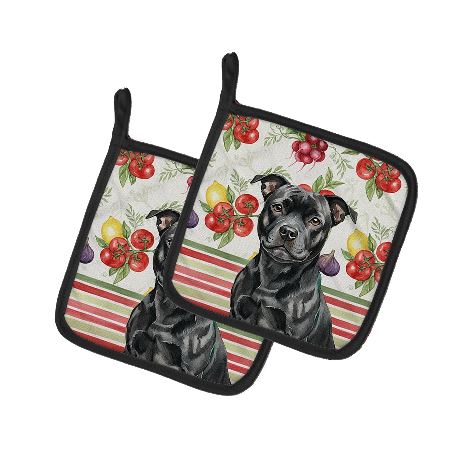 Black Staffordshire Bull Terrier Vegetables Pot Holder Set of 2 Heat Resistant Quilted Hot Pads 7.5 x 7.5 Inch, Insulated Kitchen Trivets for Cooking & Baking