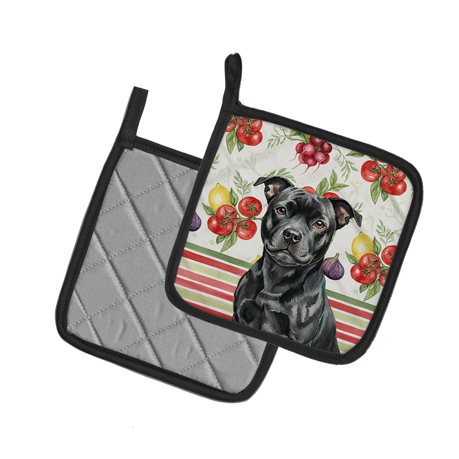 Black Staffordshire Bull Terrier Vegetables Pot Holder Set of 2 Heat Resistant Quilted Hot Pads 7.5 x 7.5 Inch, Insulated Kitchen Trivets for Cooking & Baking